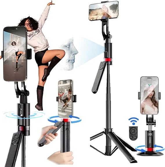 Coverzone Profesyonel Tripod ve Selfie Çubuğu, 360° Yapay Zeka Yüz Takibi, AI Hareketle Komut, 1/4 Vidalı, Canlı Yayın, Vlog, Fotoğraf, Uzaktan Kumandalı,180cm, JH18-2