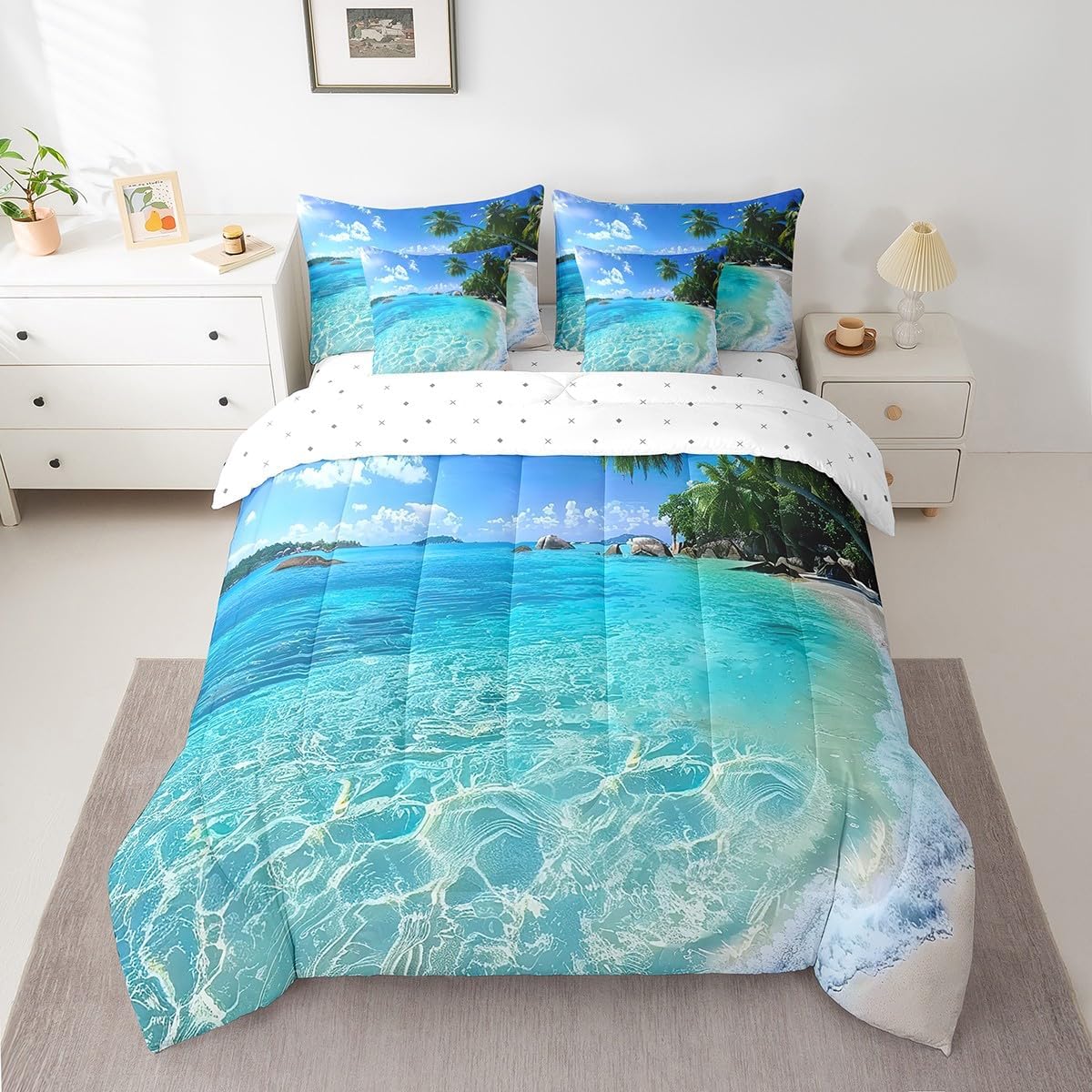 7 Piece Ocean Bed in a Bag Palm Leaves Printd Sheet Set, Summer Beach Decor Hawaiian Vacation Style Cushion Covers Green Palm Trees Tropical Nature Sea Theme Bedding Set with Comforter, King Size