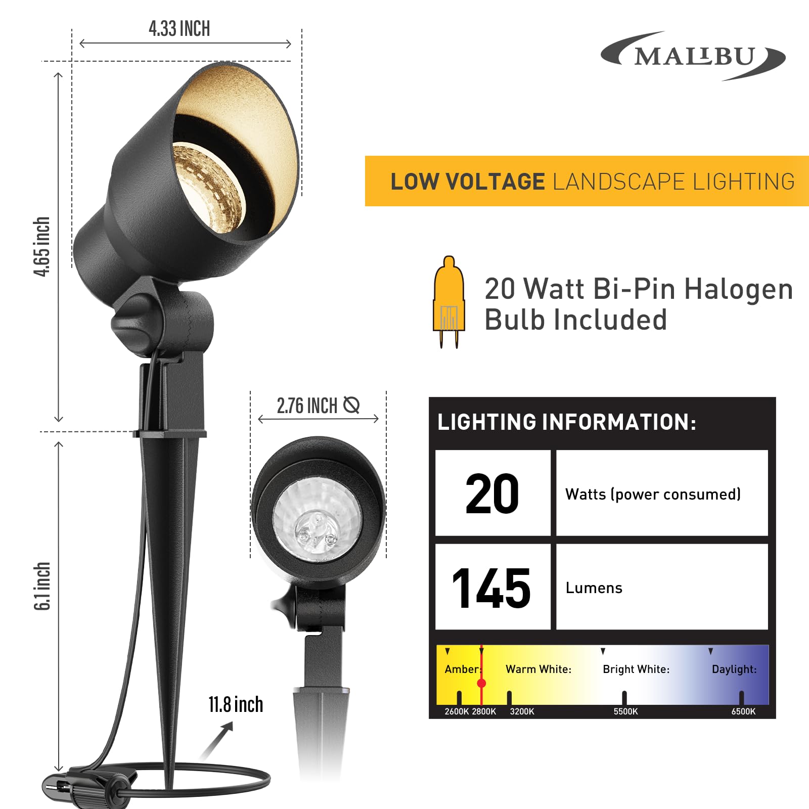 MALIBU 8301-9604 - Foco de iluminación de paisaje al aire libre de 20 W, bajo voltaje, 12 V CA, iluminación blanca cálida, 145 lúmenes, impermeable, para entrada, patio, césped, paredes, árboles