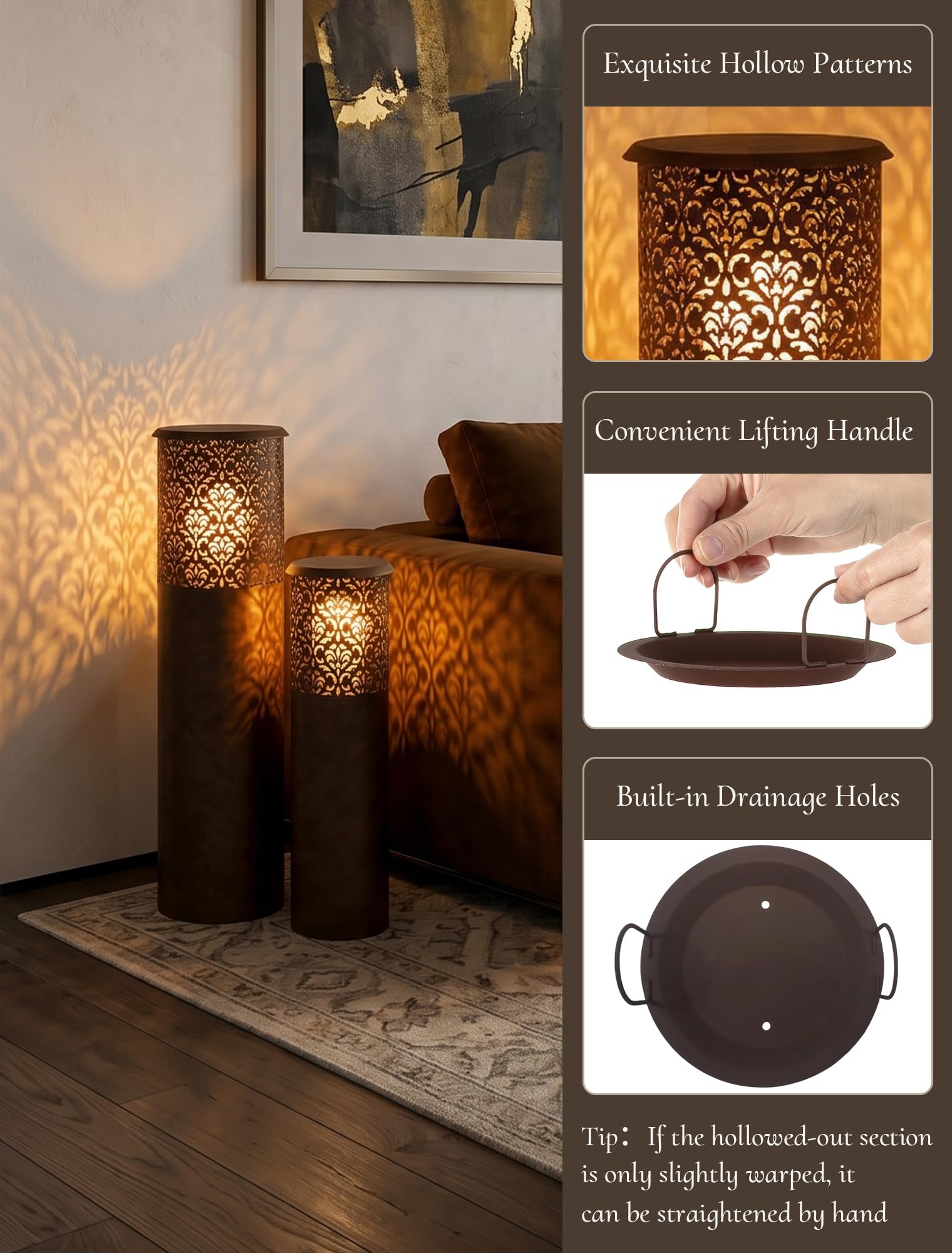 Bougeoir Grande Extérieur pour Jardin: 80/60,5 cm Lampadaires Colonne Rouillé avec 21cm Piquet pour Decoration Terrasse Entrée Salon - 2 Pcs Lanternes en Métal pour Bougies Piliers