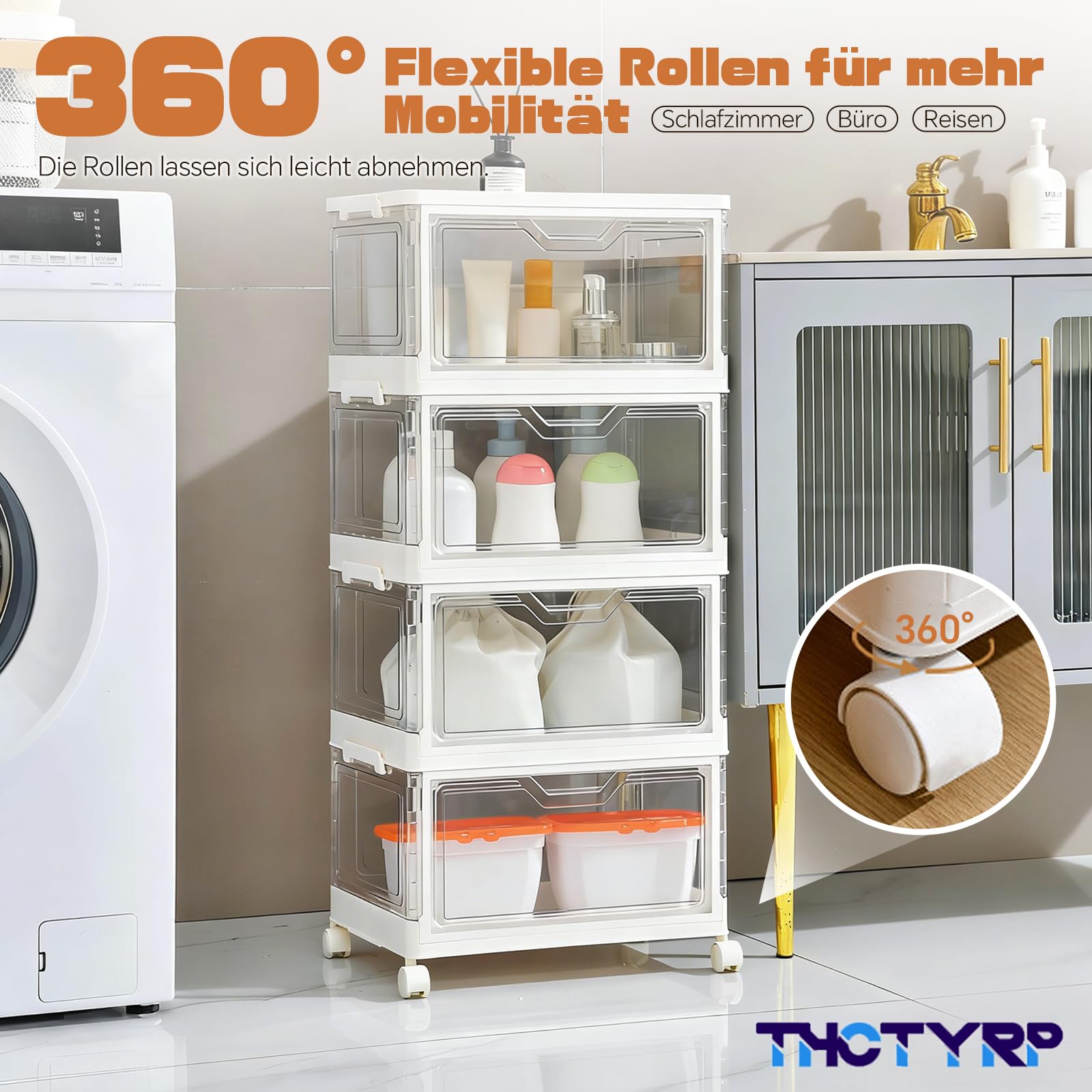 Aufbewahrungsbox 23L 4 Stück, Durchsichtig Stapelboxen mit deckel, Faltbare Aufbewahrungsbox mit Tür und Rollen
