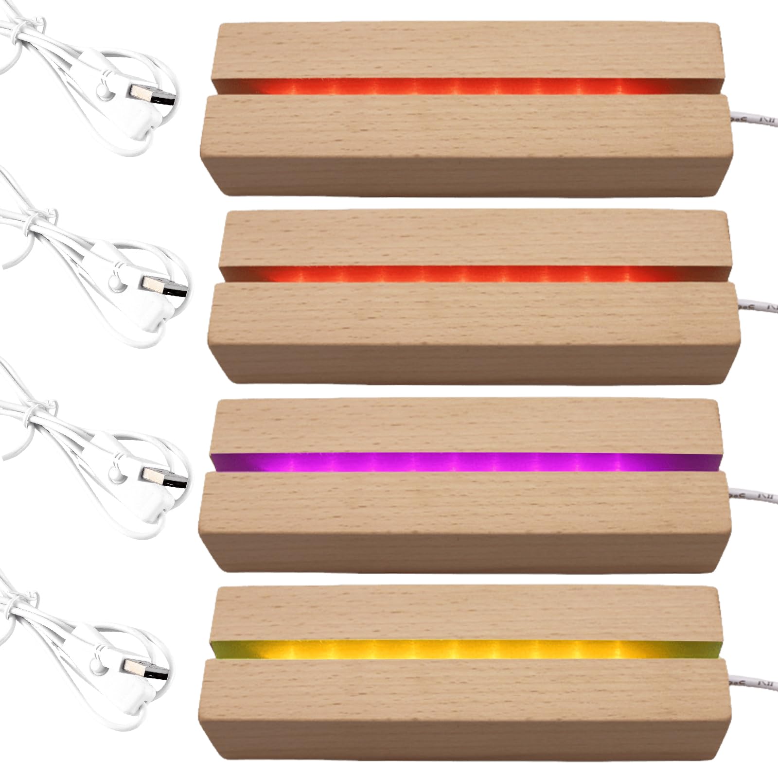 Lot De 4 Socles Lumineux LED En Bois 15cm - Bases D'Éclairage Pour Acrylique, Cristal Et Verre