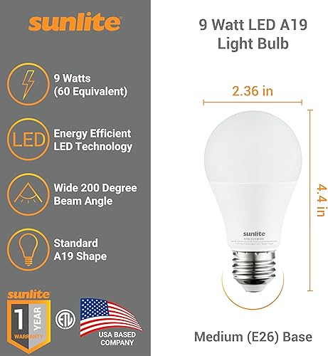 Miniatura 2 de Sunlite 41265-SU Bombillas LED A19, 9 vatios (equivalente a 60 W), 800 lúmenes, base media (E26), no regulable, escarcha, listado UL, blanco frío