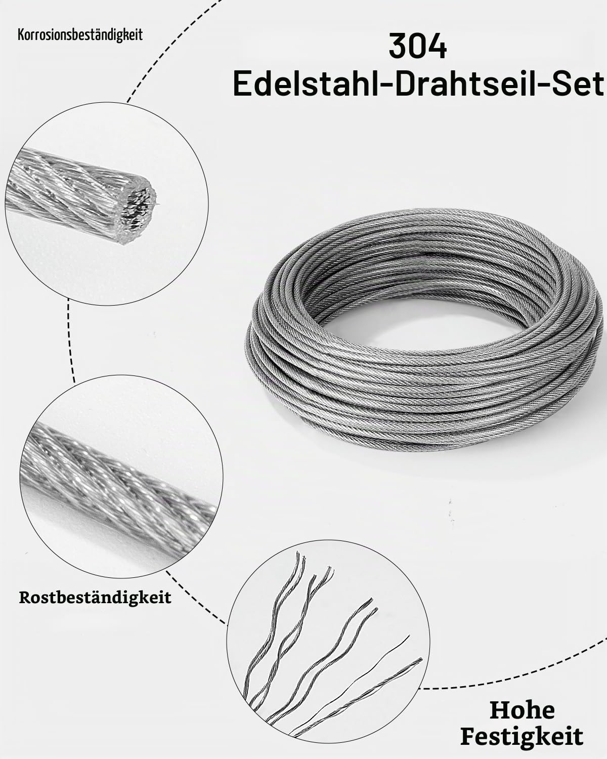 3mm 30m Stahlseil Kit, 304 Edelstahl Drahtseil Rankhilfe, Stahlseil mit ösen, Spanndraht Seilspanngarnitur, für Gardinenseil, Kletterpflanzen,String Light Suspension,Wäscheleine