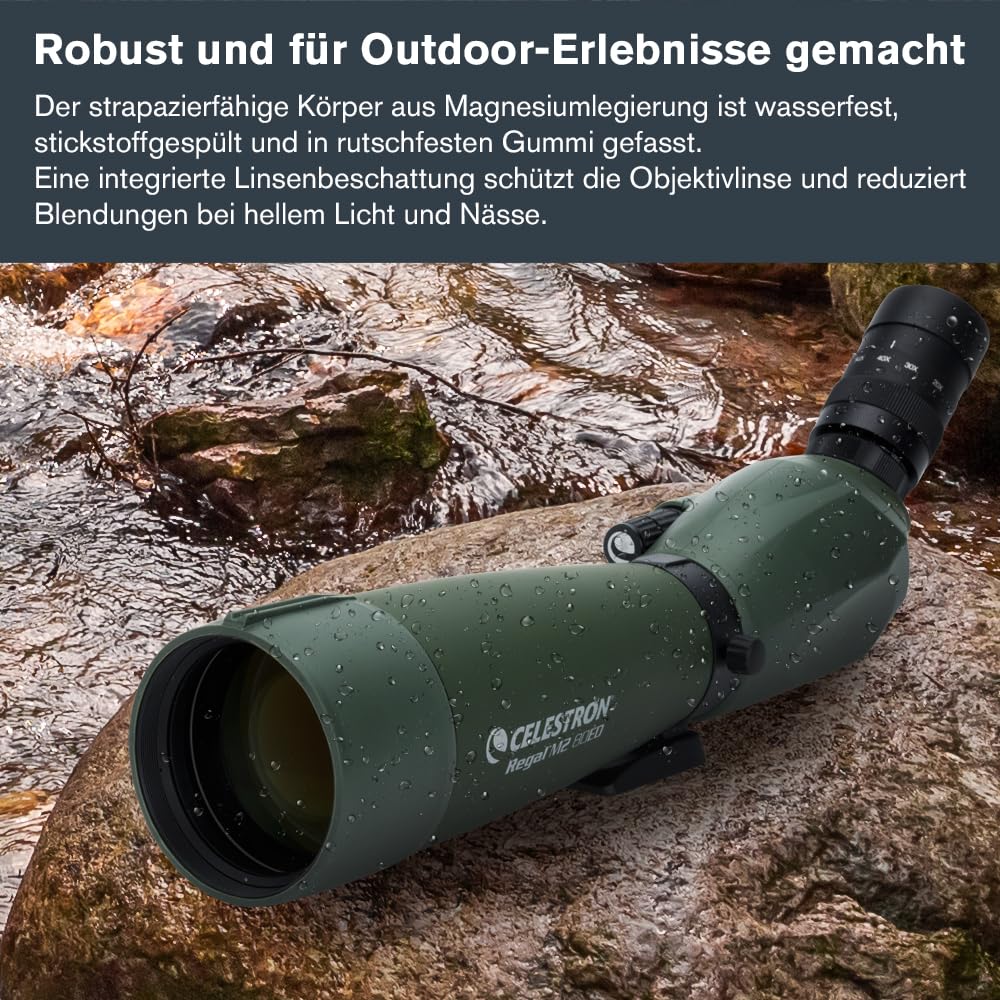 Celestron 52305 Regal M2 20-60x80 mm ED-Spektiv mit abgewinkeltem Zoom, mehrfach vergüteter Optik, BaK-4-Prismen, leichtem Gehäuse aus Magnesiumlegierung und gepolstertem Transportkoffer, grün
