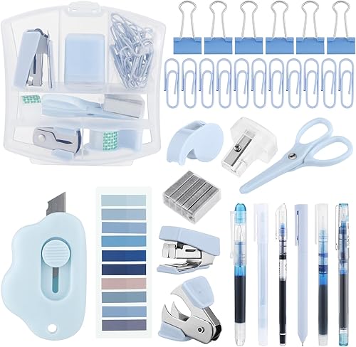 Mini kit de suministros de oficina incluye dispensador de cinta grapadora, removedor de grapas, clips de papel, grapas de tijera, sacapuntas, nota,