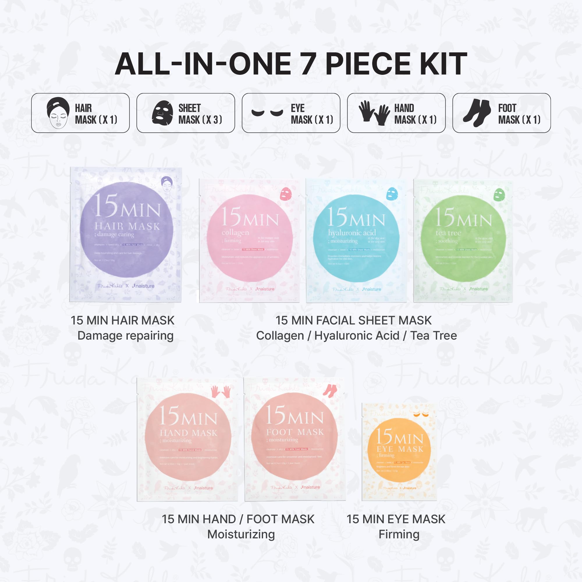 Naisture x Frida Kahlo 15 Min Pamper Me Kit Korean Spa Skincare Gift Set for Women - Head to Toe with Hair, Face, Eye, Hand, Foot Masks & Bonus Item (8 pcs) view 3