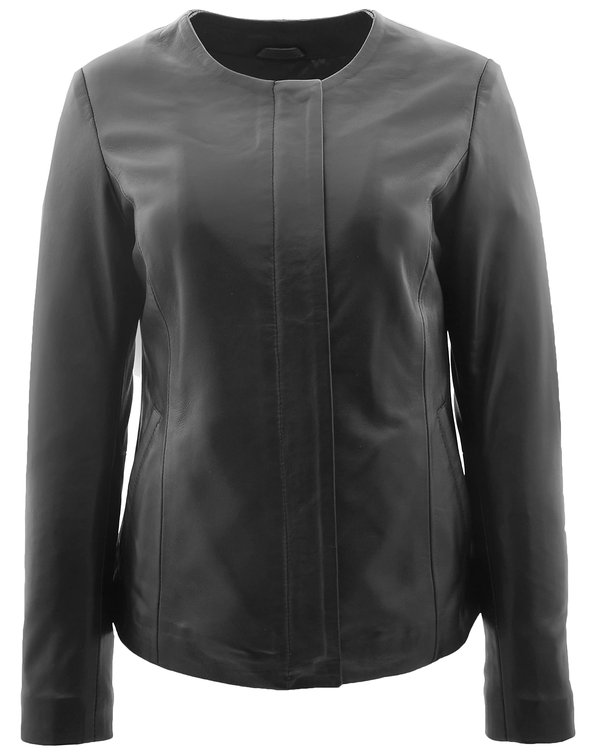 Womens Real Leather Collarless Jacket Classic Style Moreno Black (12)