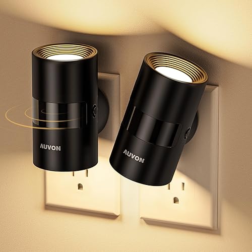 AUVON Luces nocturnas LED enchufables a la pared, luz nocturna regulable con sensor de movimiento, sensor de atardecer a amanecer y diseño
