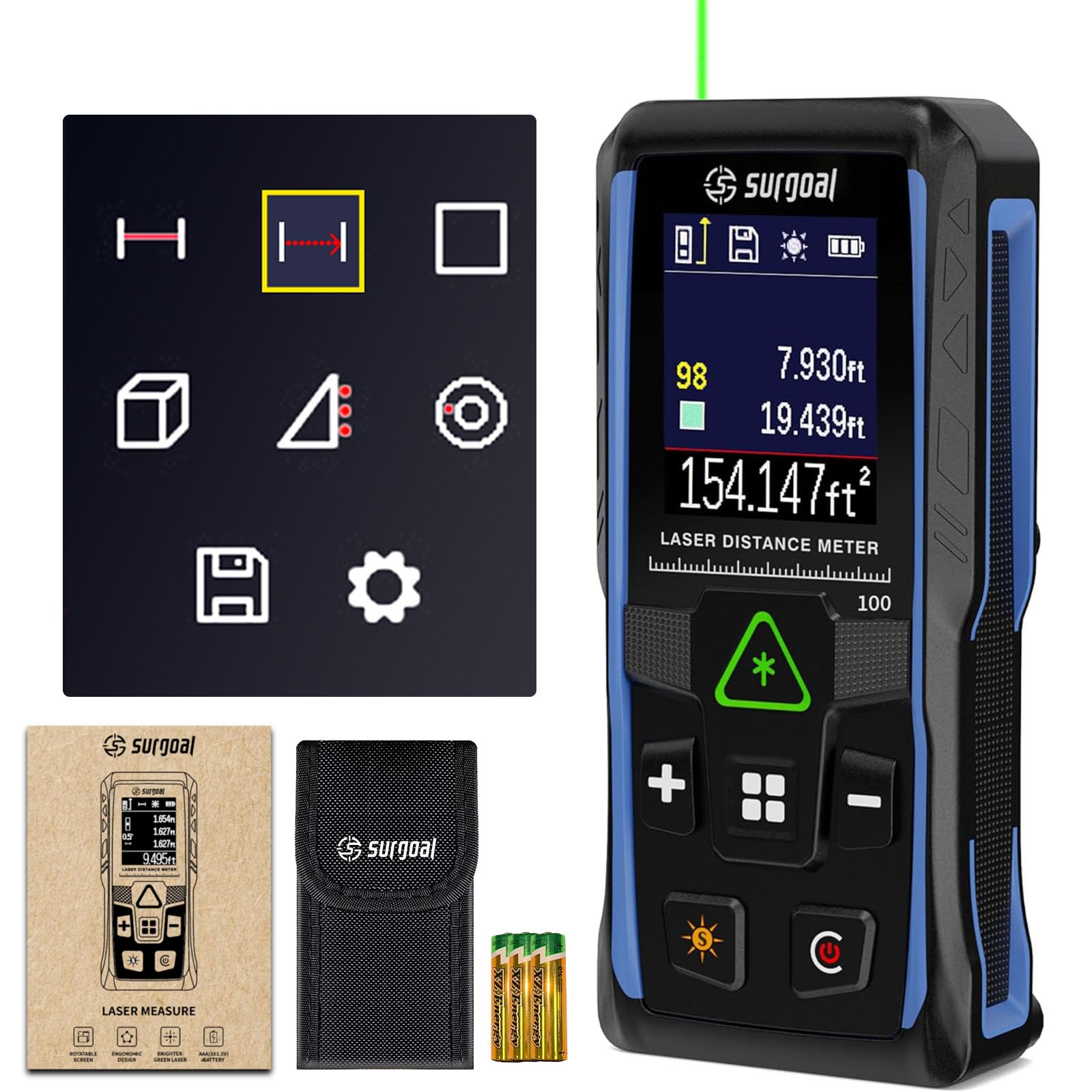 165Ft Green Laser Distance Meter – Digital Laser Measure with Angle Sensor, 4-Way Rotating Backlit LCD, Pythagorean Mode, Unit Switch, ±3mm Accuracy, Handheld Measuring Tool — image 1