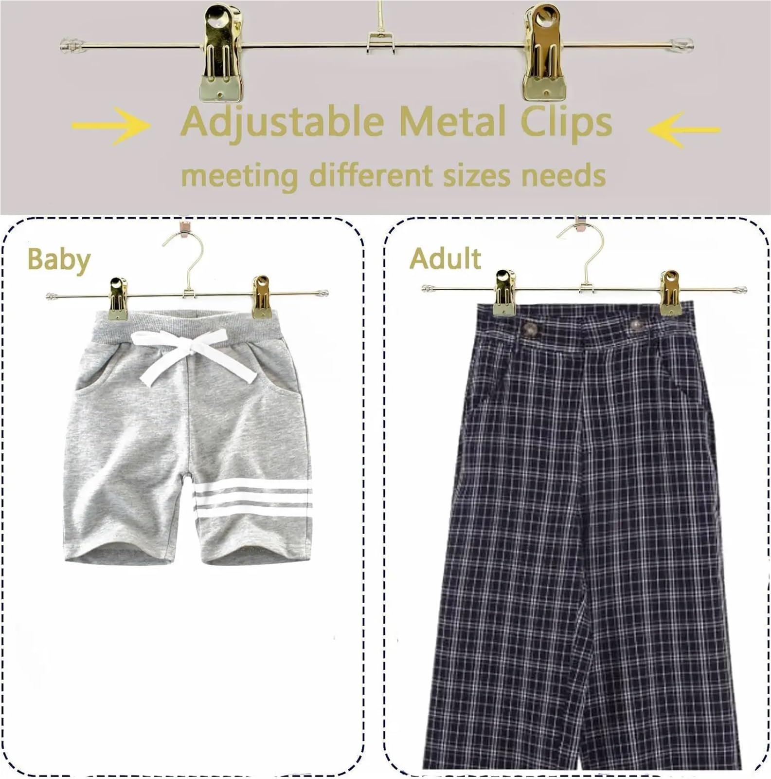 Confezione da 10-30 grucce in metallo resistenti for pantaloni e gonne, oro lucido, con clip antiscivolo regolabili e gancio girevole(Gold,30PCS)