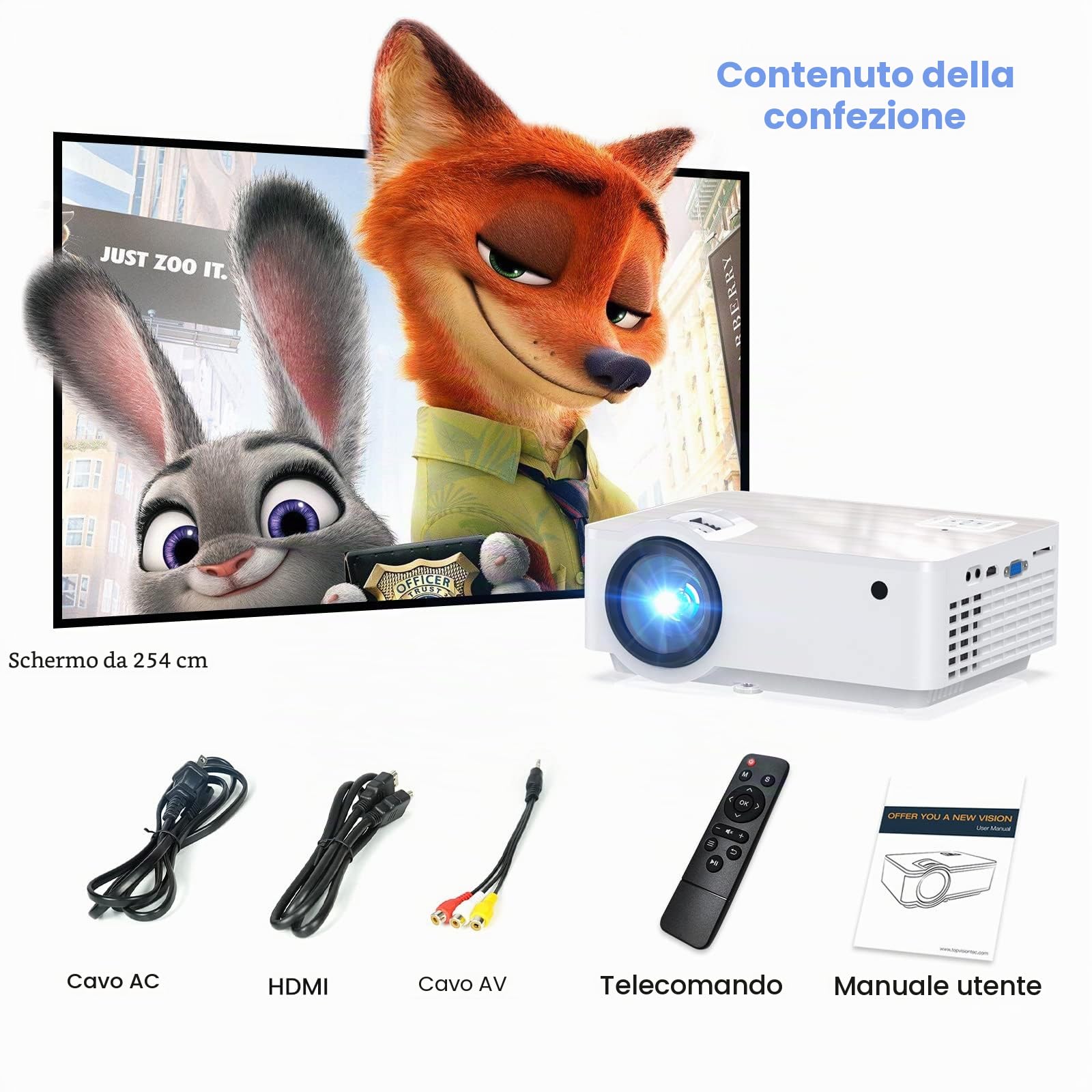 HOPVISION Proiettore, Nativo 1080P 4K Mini Proiettore 9500 Lumens Multimedia Home Cinema Bluetooth 5.1 con schermo da 100" compatibile con HDMI, USB, AV, Smartphone, Computer portatile