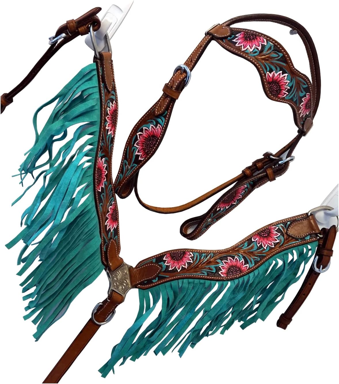 Western Horse Headstall Bridle Breast Collar Tack Set with Fringes
