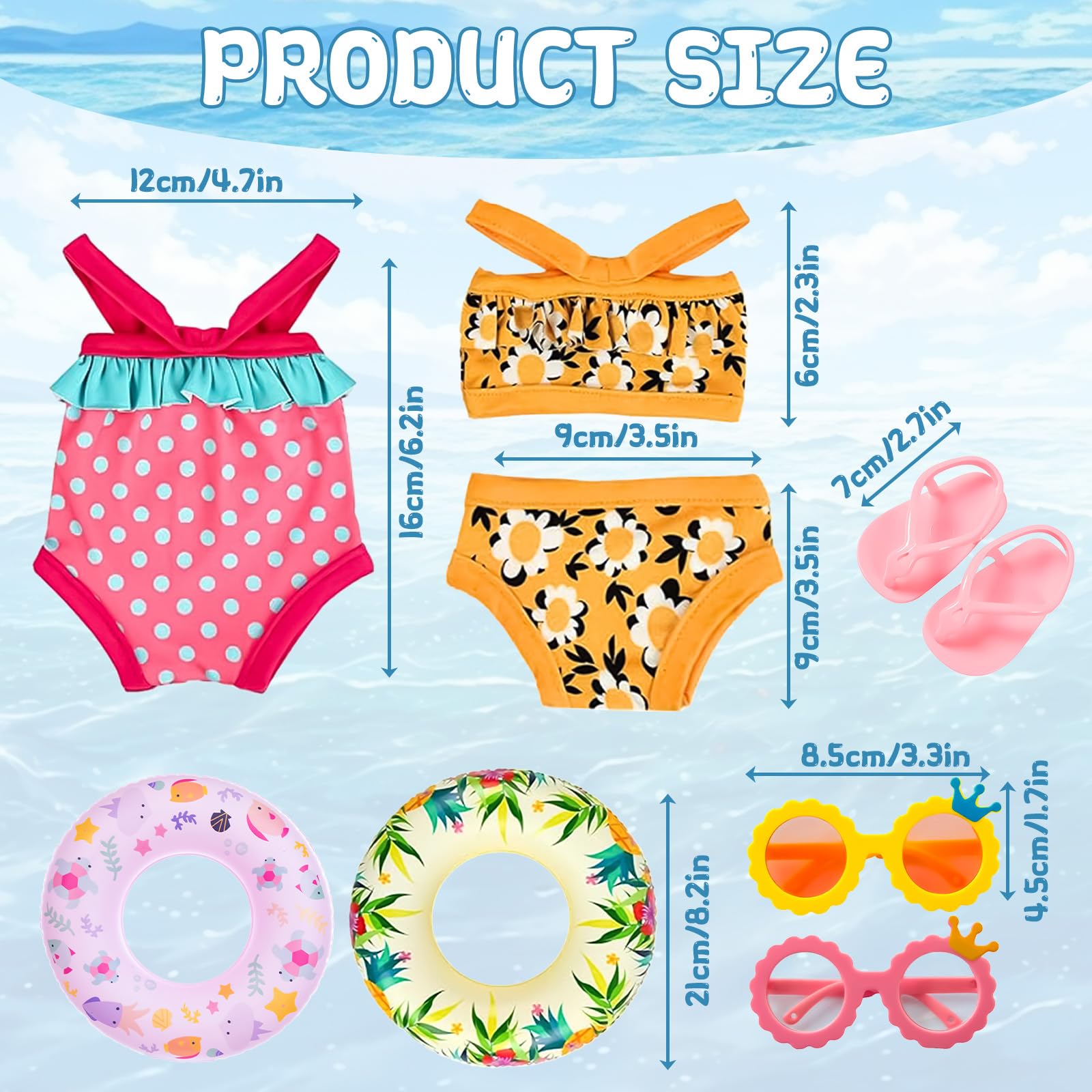 Set di Nuoto per Bambole 7 Pezzi,Estate Costume da Bagno per Bambole,Costume da Bagno per Bambole,Vestiti Bambole Reborn,Accessori per Bambole Reborn 35-45CM,Regalo per Ragazze