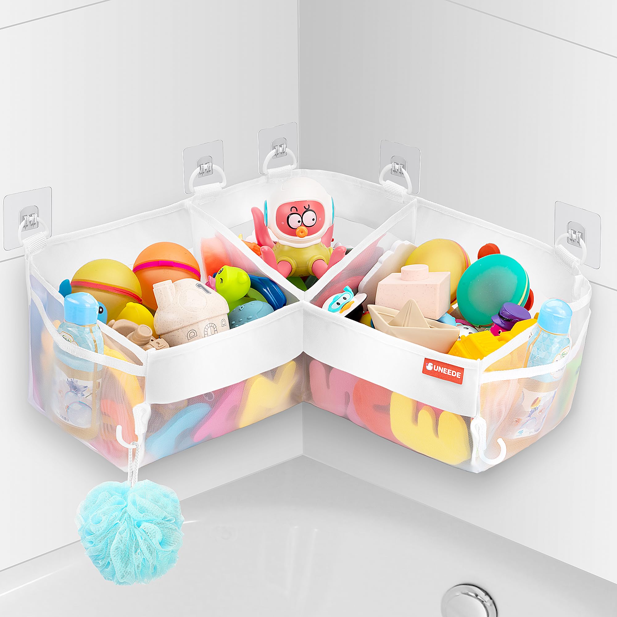 UNEEDE Bath Toy Storage - 3 Compartment Corner Bath Toy Storage Organizer 4 Gallons Quick-Drying Bath Toy Holder