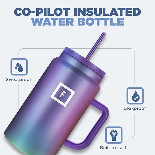 Miniatura 61 de IRON °FLASK Co-Pilot Taza térmica con popote y tapas abatibles, botella con asa para bebidas calientes o frías, a prueba de fugas, para agua o café