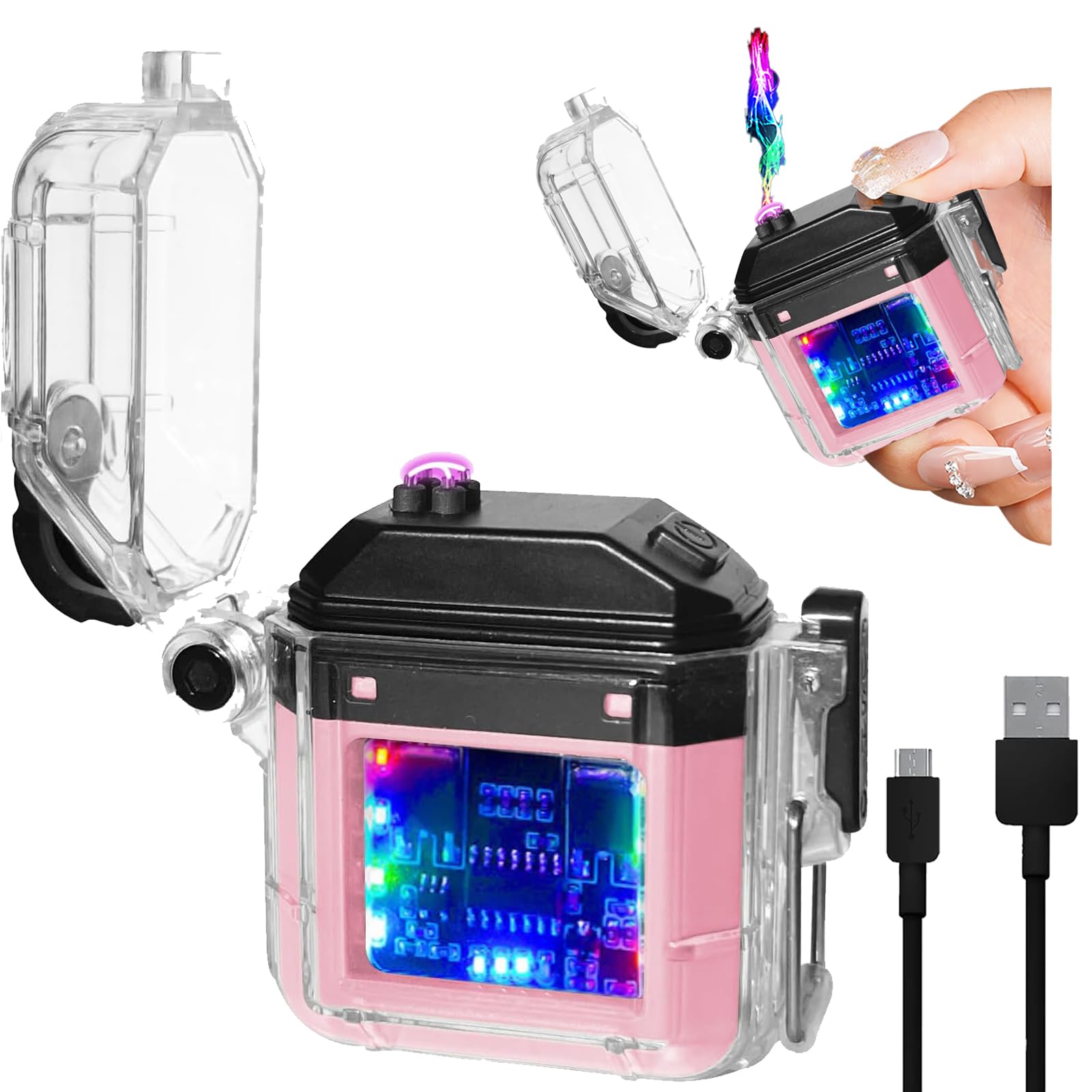 Electric Lighter Rechargeable Lighters Waterproof Windproof Flameless Fire Lighter Cigarette lighter with Battery Indicator and USB C Rechargeable for Outdoor Hiking Survival Equipment (Pink)