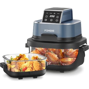 FOHERE 4L Portable Air Fryer Hot Air Fryer, 2 Glass Containers, Blue, 1500 | 4 in 1: Hot Air Frying, Baking, Recrisp, Max Cri