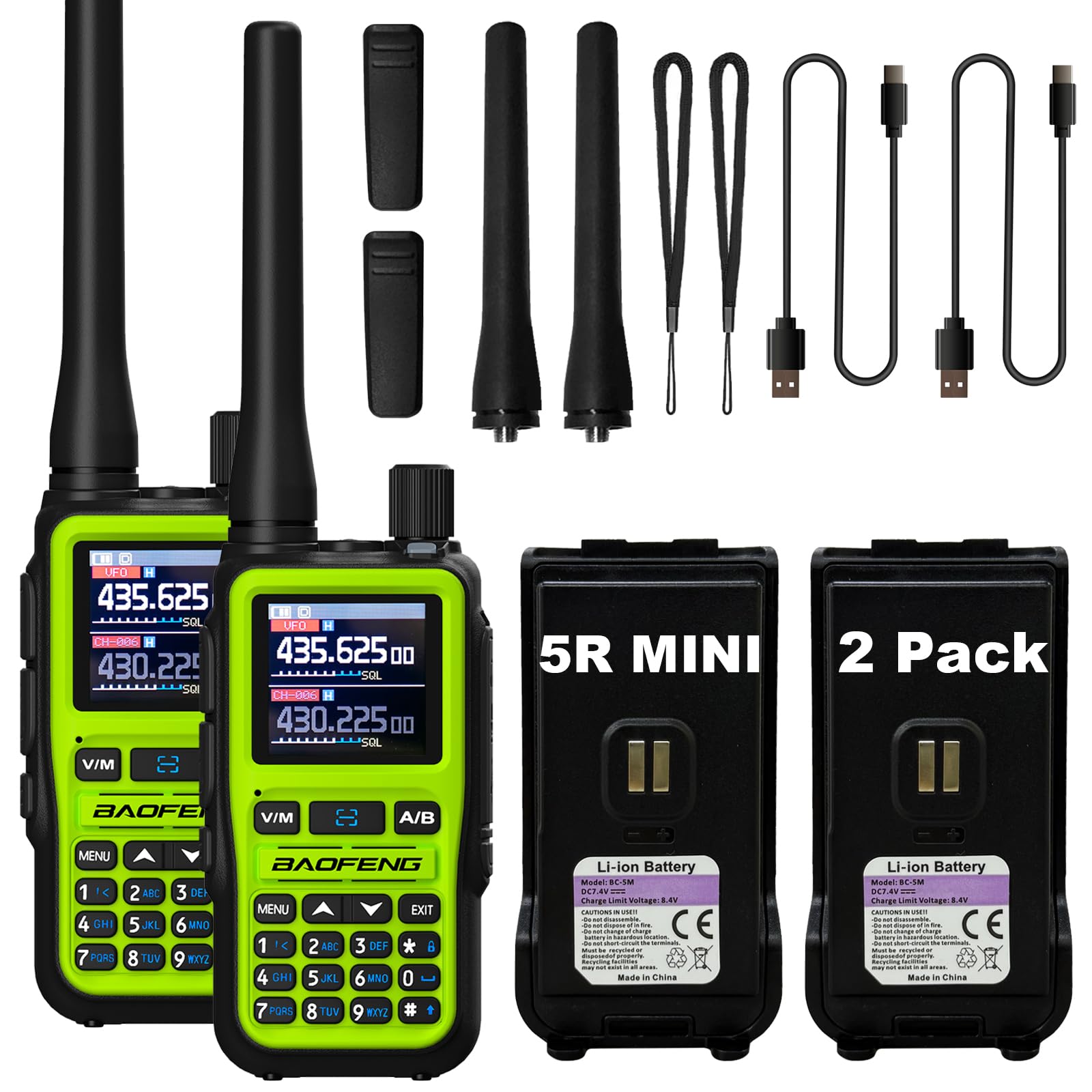 BAOFENG UV-5R Mini Two Way Radio BF-5R Mini Walkie Talkie Wireless Power Adjustable Tiny Size Frequency Copy 999 Channels Type-C Four Colors Portable Ham（2 Pack） (Green)