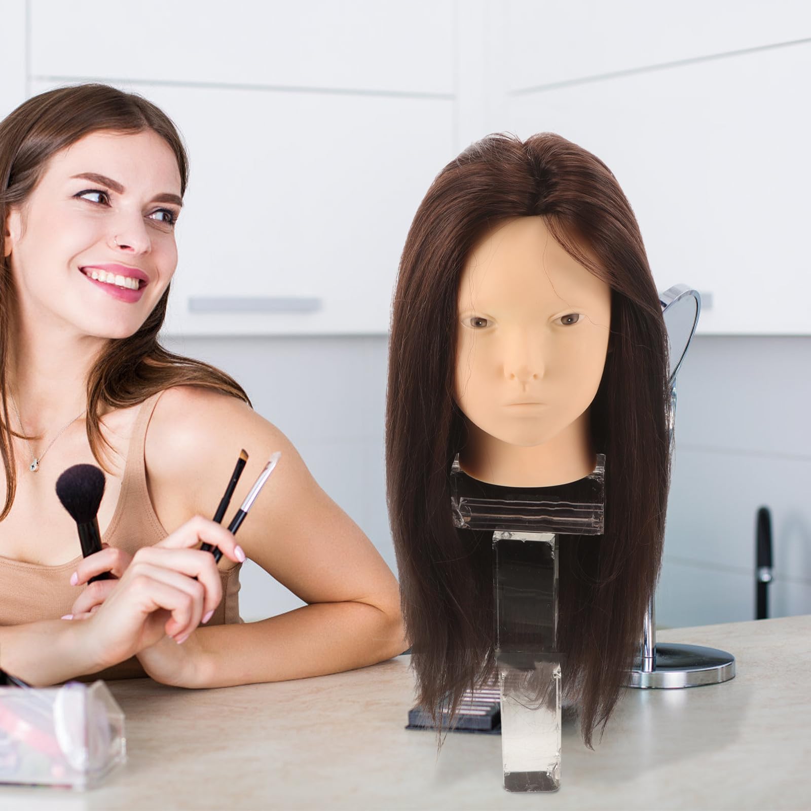TEHAUX Frisierkopf Echthaar Übungskopf mit Halterung zum Haarstyling und Flechten Glatte Textur für Friseurschule und Salonpraxis