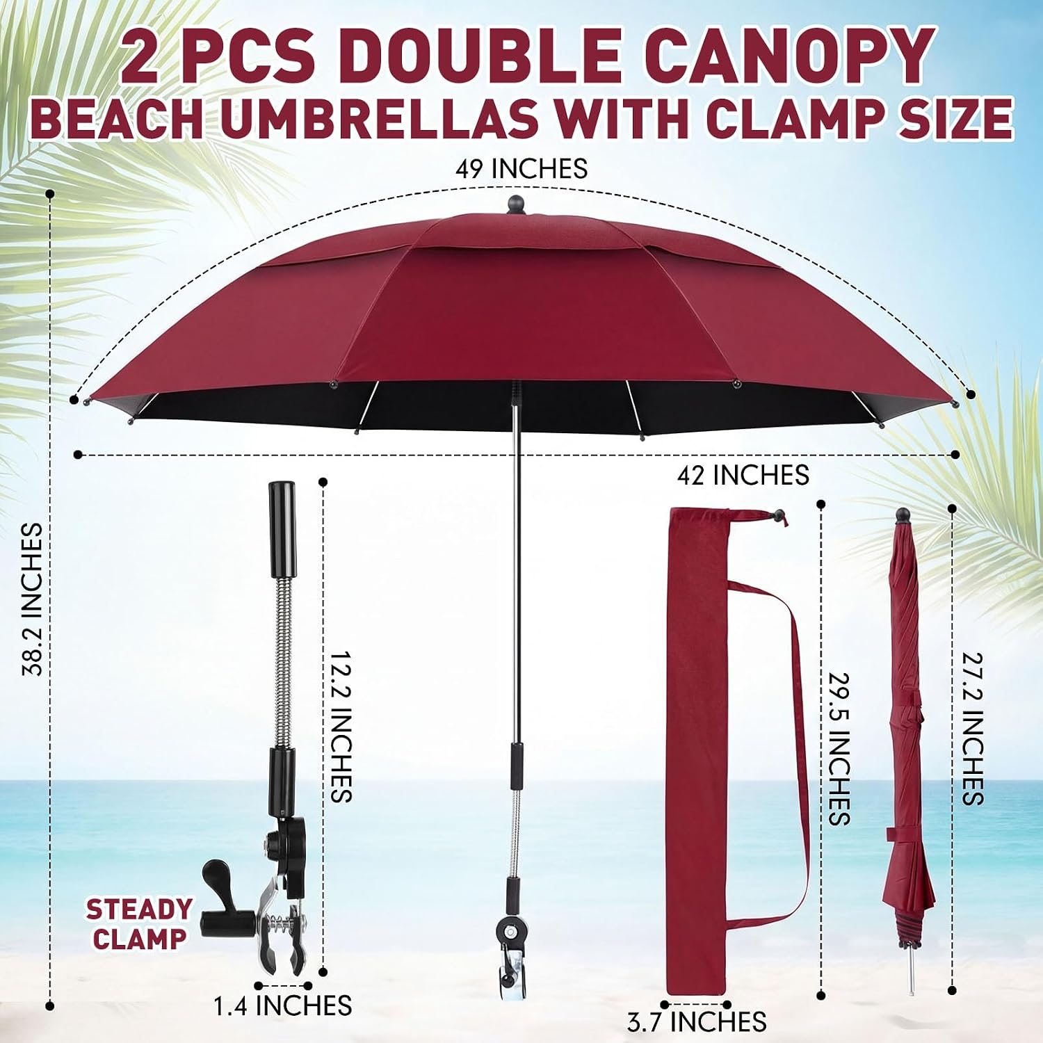 Nuanchu 2 Pcs 49" Double Canopy Beach Umbrellas with Clamp Upf50+ Beach Chair Umbrella with Clip 360 ° Adjustable Portable Outdoor Wheelchair Patio Golf Carts Camping Stroller Fishing