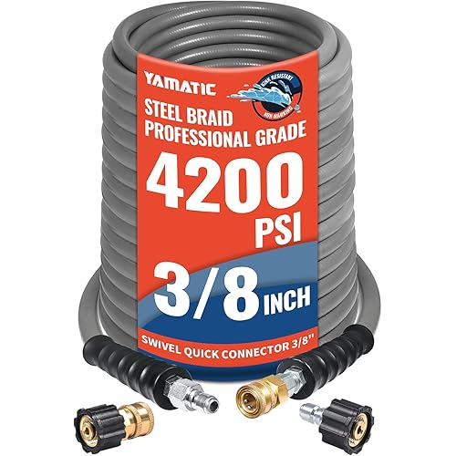 YAMATIC Pressure Washer Hose 150 FT,True 3/8" ID, 4200 PSI, 250°F Hot Water, Steel Braided Non-Marking Gray Rubber Hose, Swivel 3/8" Quick Connect with M22 Adapters for Heavy-duty Gas Pressure Washers