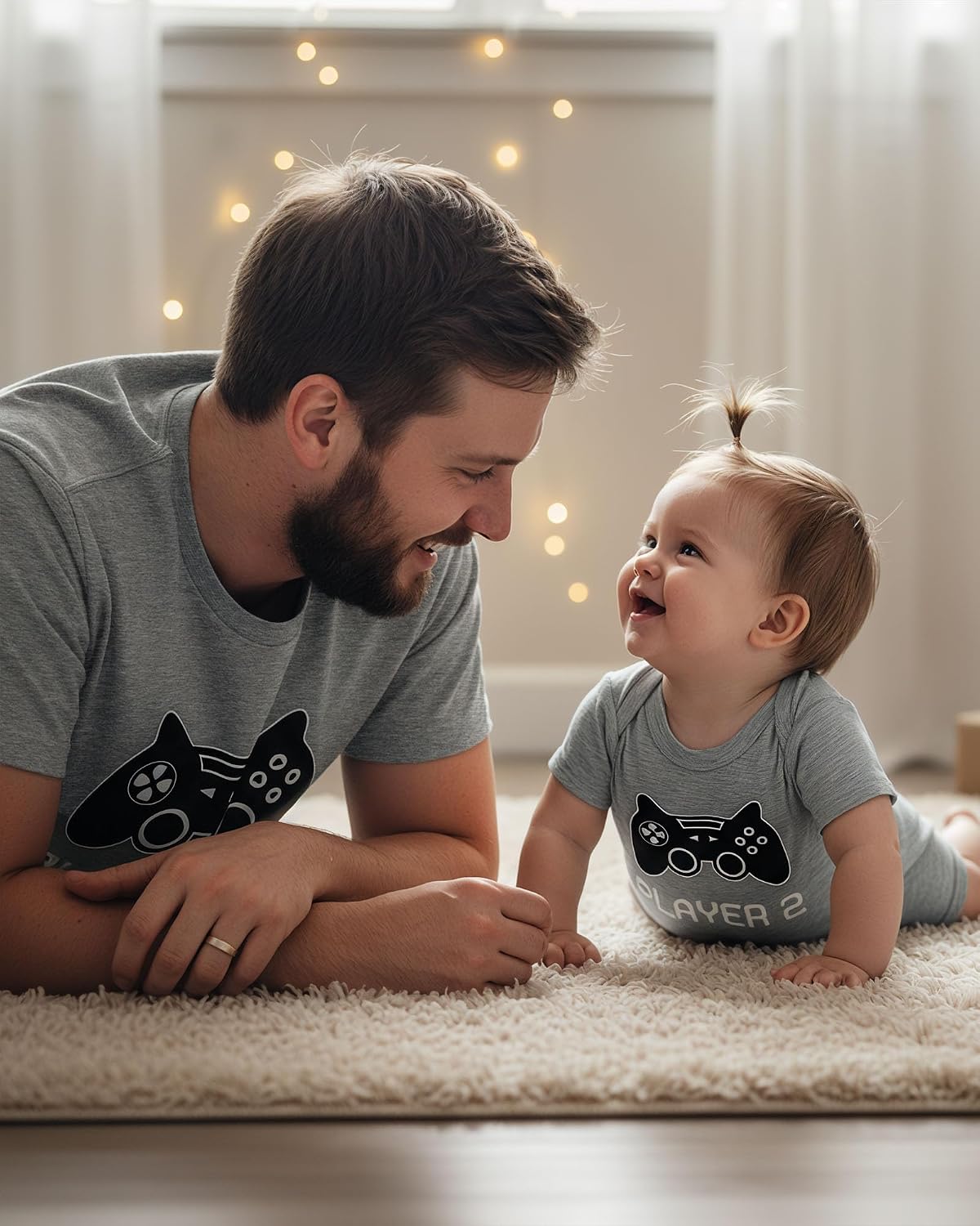 Tstars Gamer Daddy and Me Player 1 Player 2 Matching Set Mens Tee Baby Bodysuit, Dad Gray/Baby Gray, Dad XX-Large/Baby 6M (3-6M)
