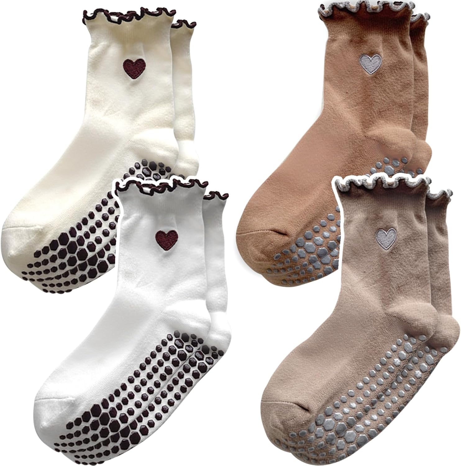 ZFiSt Pilates Socks with Grips for Women,4Pairs Ruffle Yoga Sock Cute Cotton Grippy Socks for Barre Workout Non Slip 5-10in