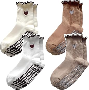 ZFiSt Pilates Socks with Grips for Women,4Prs Cotton Grippy Socks for Yoga | Ruffle Cute Embroidery Pilates Socks, Grip Socks for Barre Workout Hospital,Non Slip Socks for 5-10in,Pink Red Pilates Socks