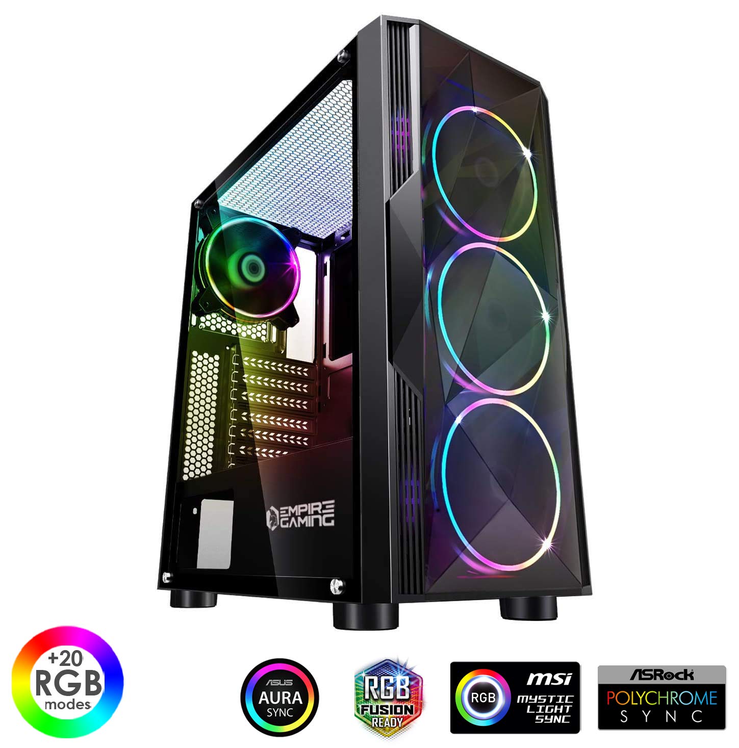 EMPIRE GAMING – Obudowa dla graczy PC Diamond ARGB Medium ATX Tower Case – Akrylowy panel przedni i panel boczny ze szkła hartowanego – 4 adresowalne wentylatory LED RGB 120 mm