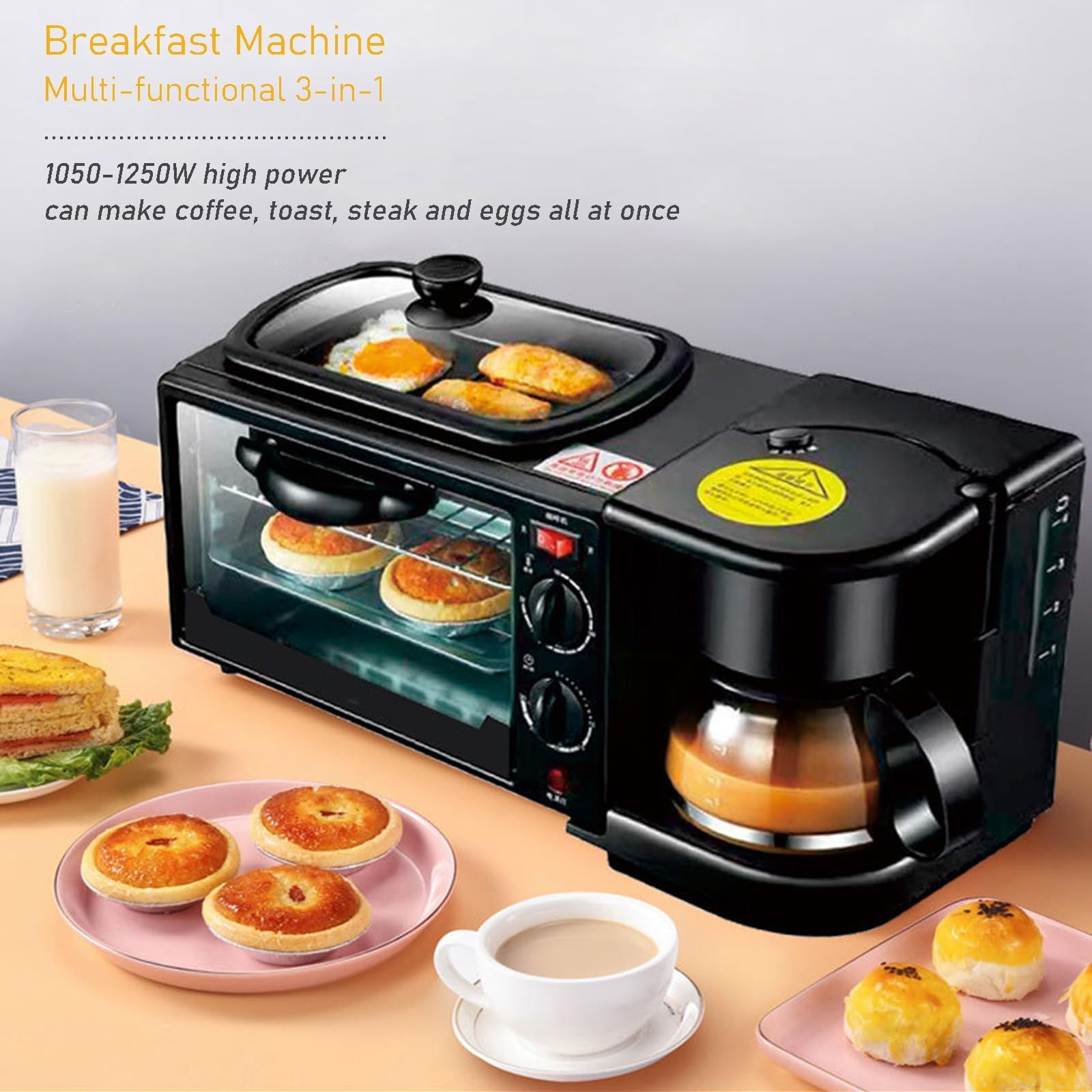 Stazione Colazione 3 in 1, Macchina per la Colazione Multifunzionale da 1250W con Forno Tostapane Antiaderente da 9L, Macchina da Caffè a Goccia e Padella per Piccola Cucina in Appartamento
