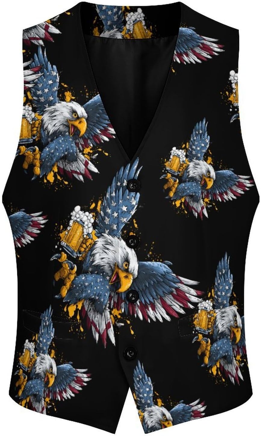 Usa Flag And Ea-gles Beer Men's Suit Vest Formal Vests Casual Dress Fit Waistcoat Casual Tuxedo for Business