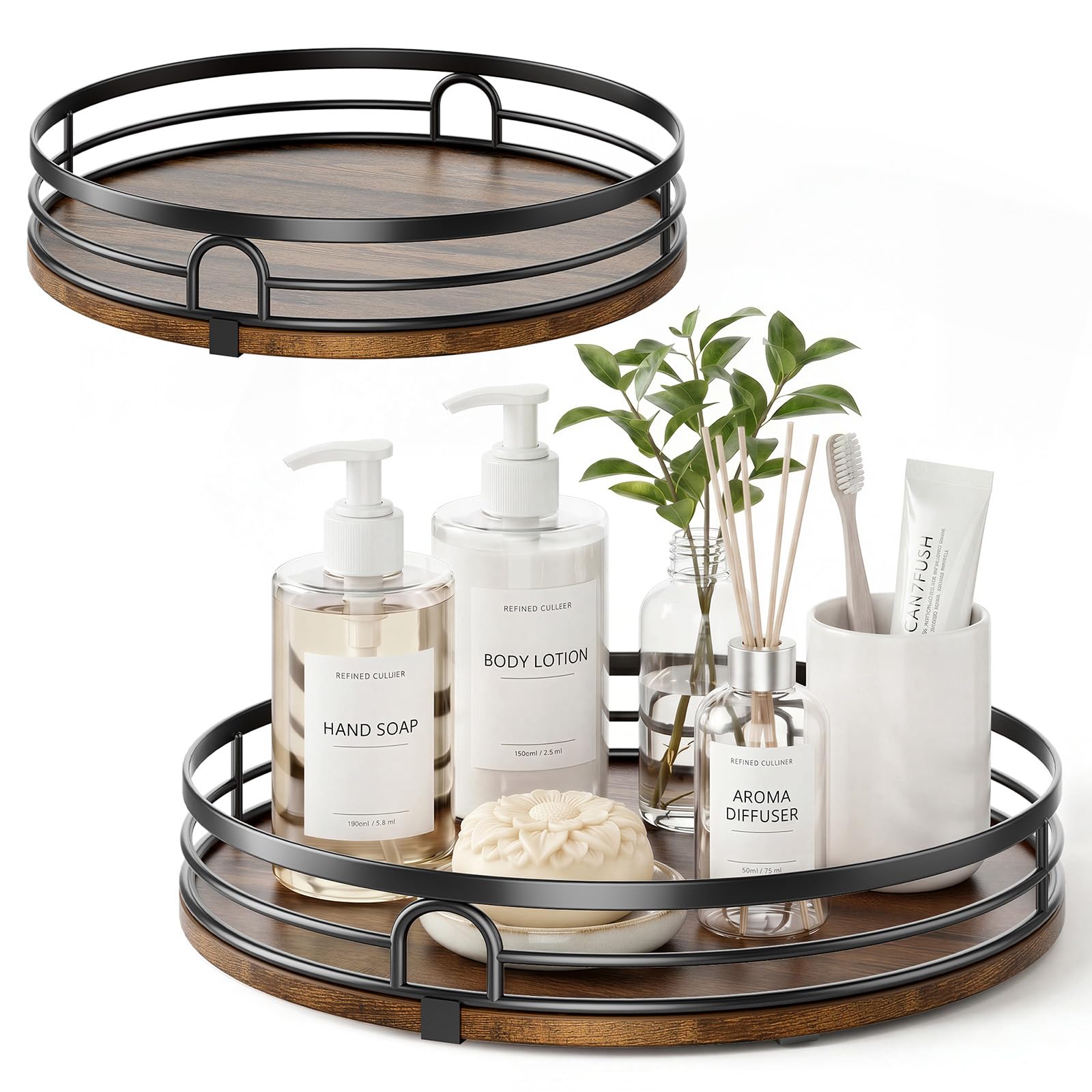 Lazy Susan Drehteller-Organizer für Tischplatte, rund, Holz, für Schrank, Arbeitsplatte, Speisekammer, Gewürze, Küche, Badezimmer, Waschtisch, Kaffee, Heimdekoration, 2 Stück