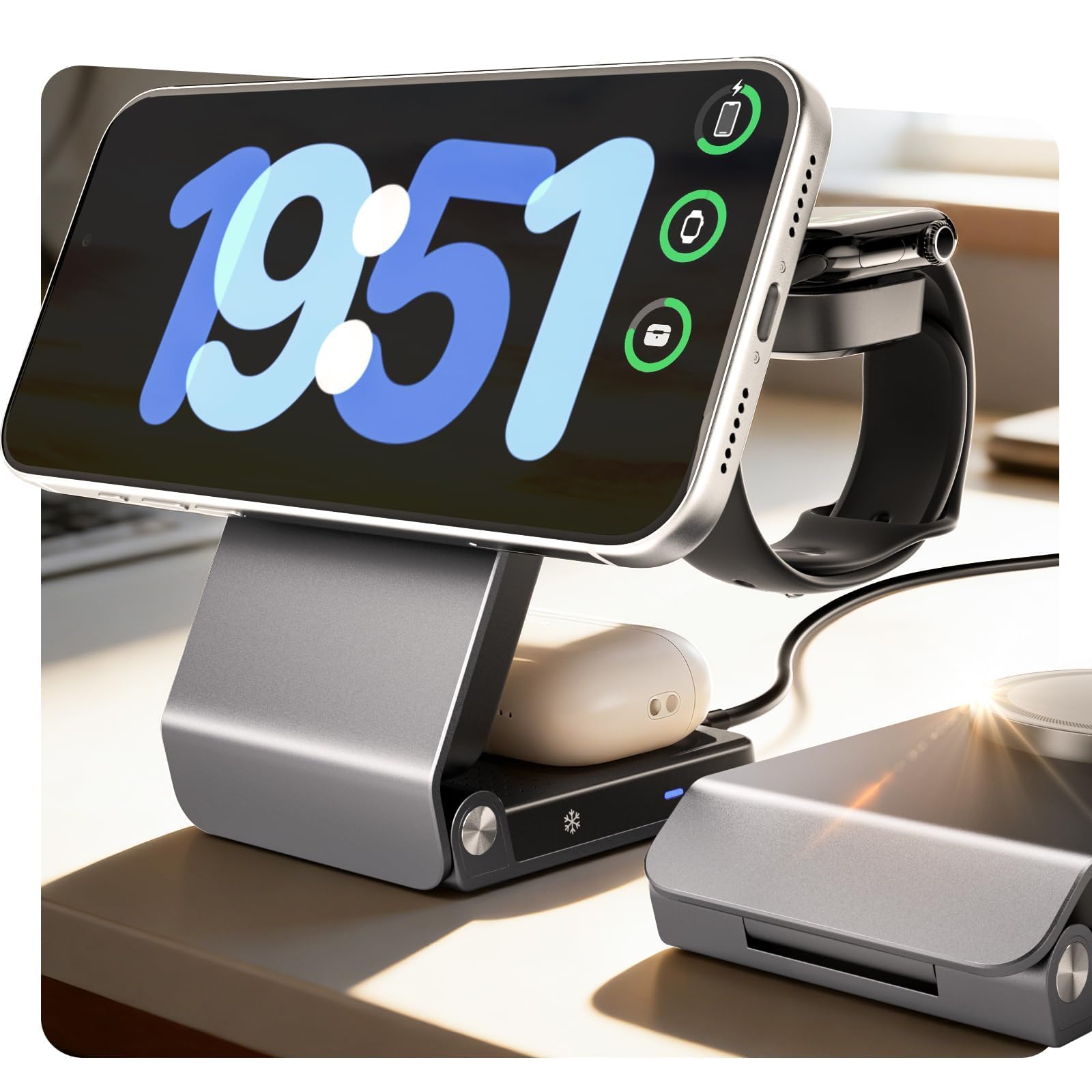 CloudValley 3 in 1 Stazione di Ricarica per iPhone AirPods e Apple Watch, Qi 2.2 25 W Ricarica Wireless Rapida, Dissipazione Attiva del Calore, Robusto e Durevole, Compatibile con MagSafe, Portatile