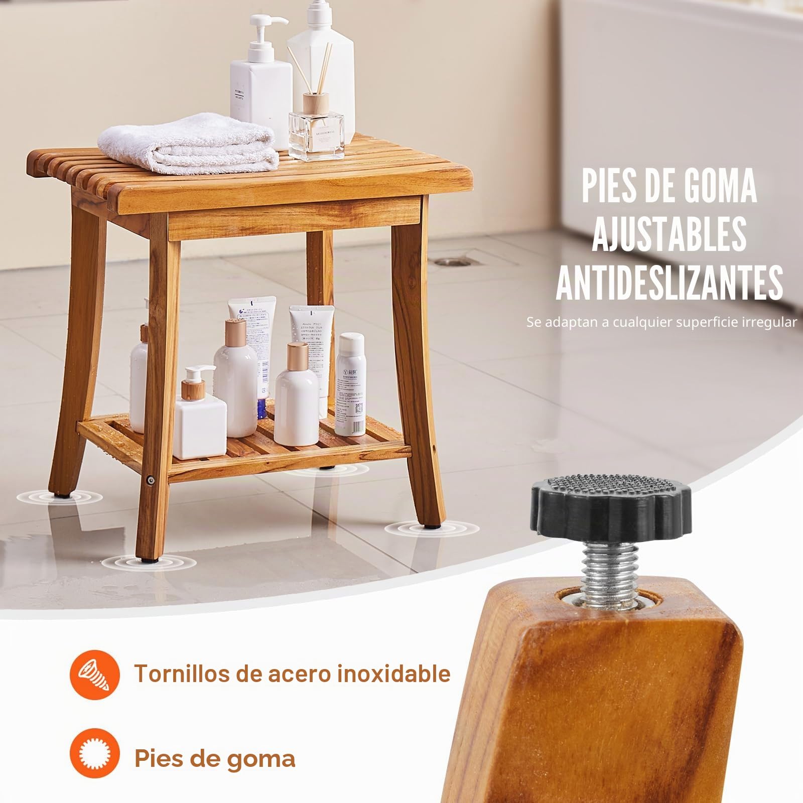 VEVOR Banco de Ducha de Teca Madera Impermeable con Estante de Almacenamiento, Almohadillas Antideslizantes para los Pies, Carga Máxima 180 kg, para Uso en Interiores y Exteriores 500 x 363 x 455 mm