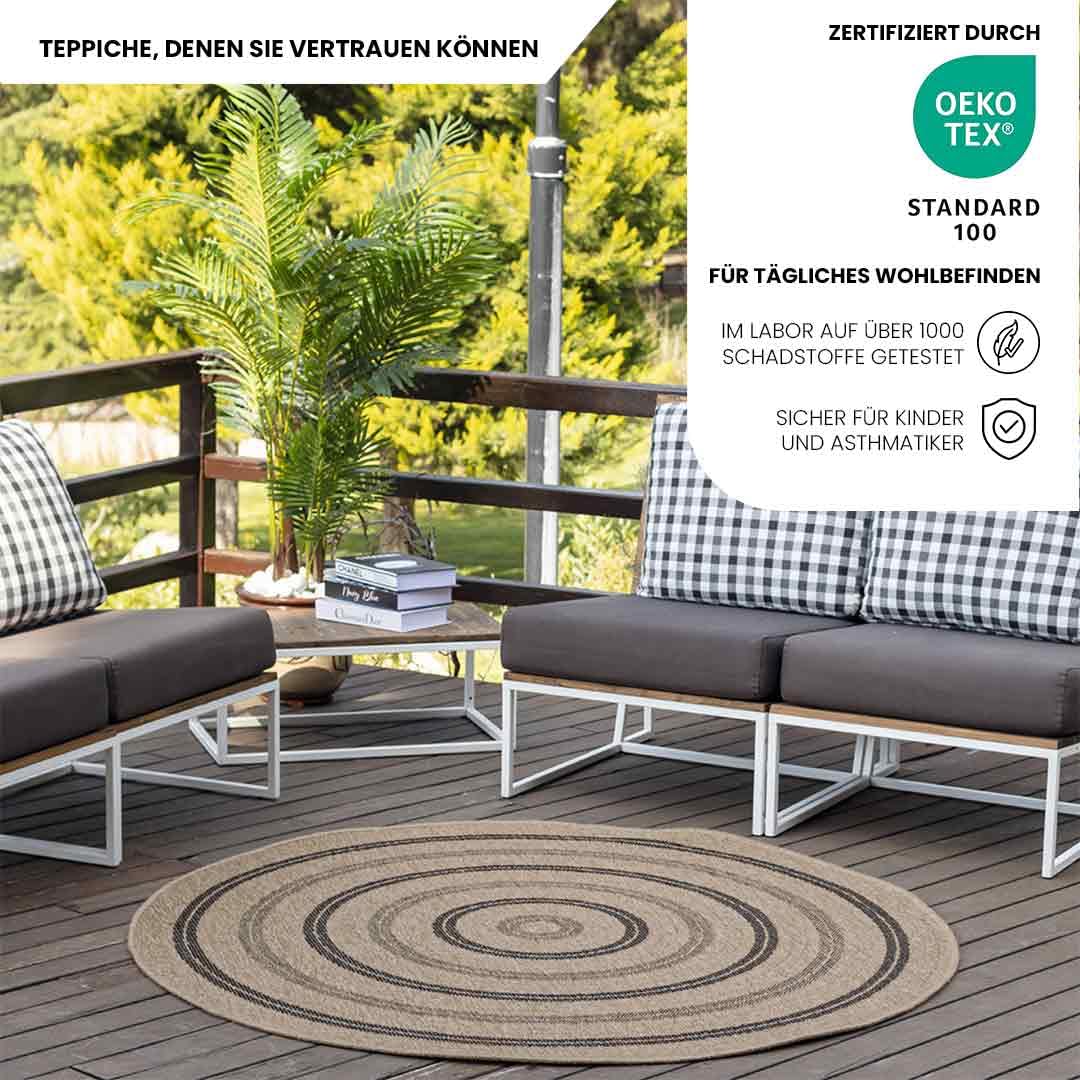 Livabliss Porto Outdoor Teppich wetterfest - In und Outdoor Teppich für Balkon 160 cm, Terrasse, Garten, Küche - Teppiche Boho Style für draußen - Beige, Schwarz, Grau