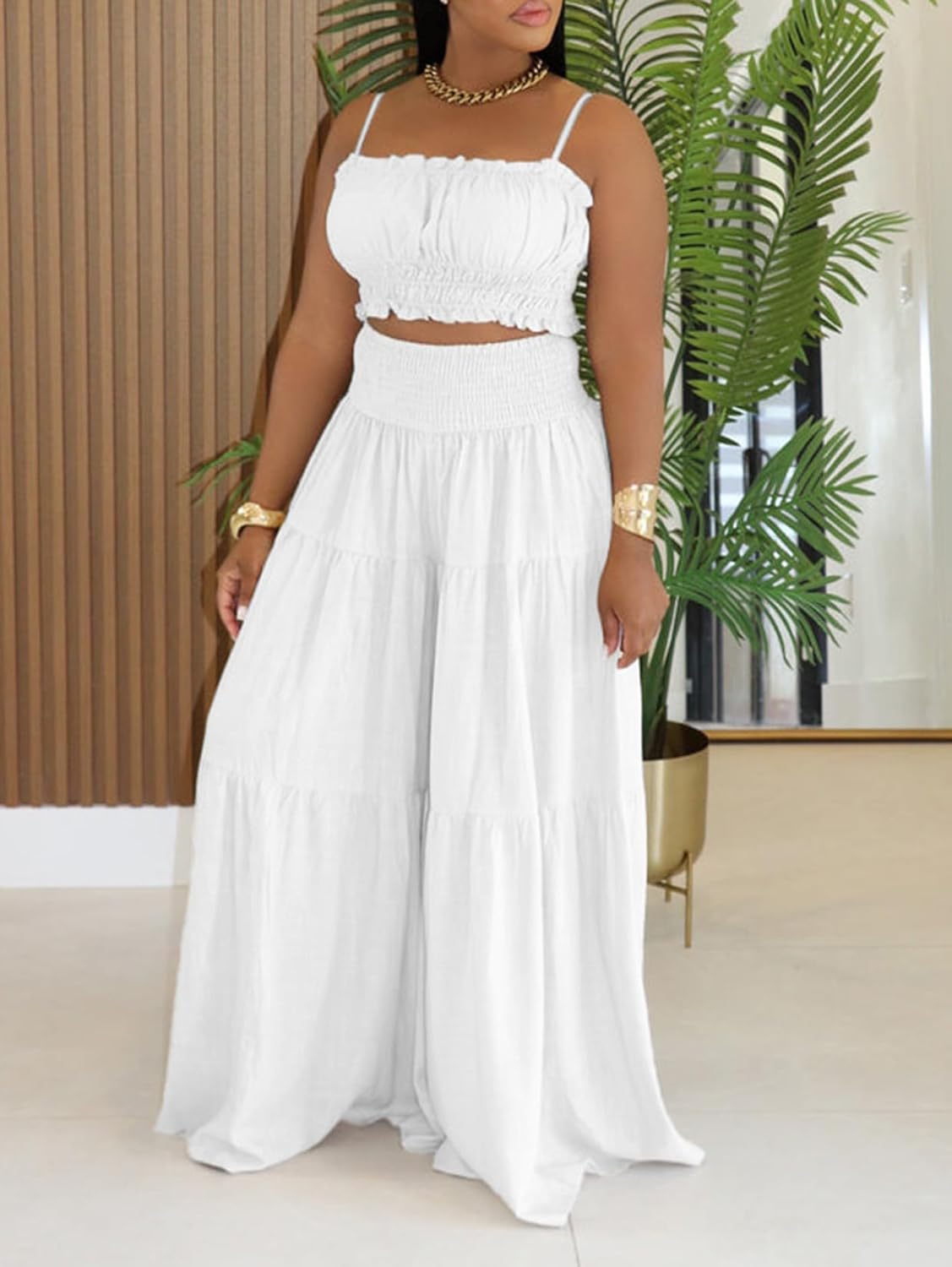 Ophestin 2 Piece Sets for Women Summer Smocked Sleeveless Crop Top Wide Leg Pants Matching Sets Sexy Vocation Outfits - Image 4