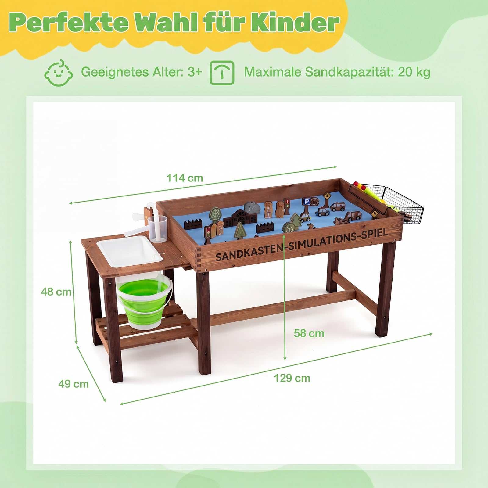 COSTWAY Outdoor Matschküche für Kinder, Wasserspieltisch mit Korb & Ablage | Sandkasten mit Wasserpumpe, Eimer, Zubehör & Sandschaufeln, Holz Sandbox für Kinder ab 3 Jahren, für Garten & Terrasse