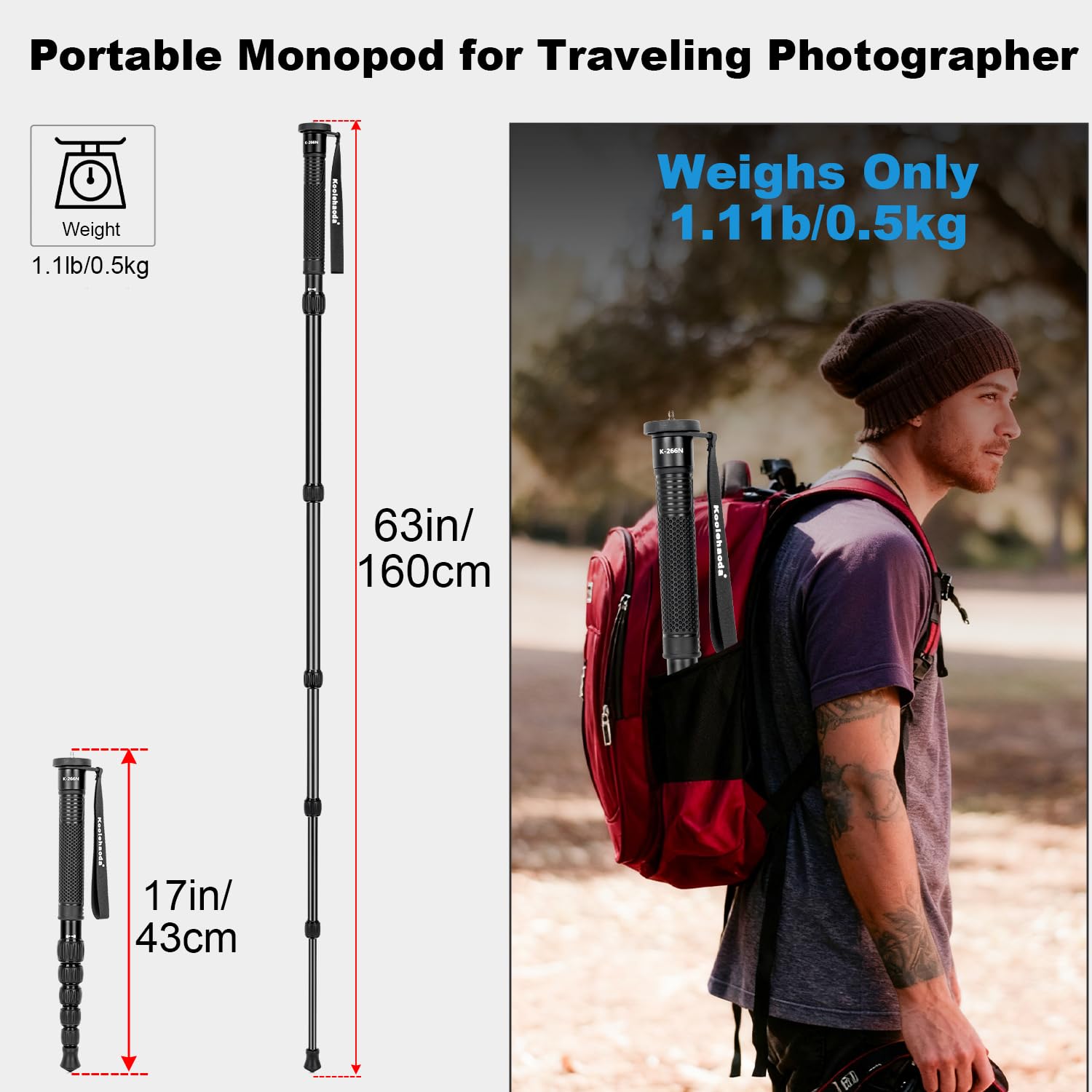 koolehaoda Monopiede per fotocamera, portatile, in alluminio, per fotografia, pieghevole, solo 43,2 cm, compatto da viaggio, per fotocamere mirrorless e DSLR, facile da trasportare, 6 sezioni fino a
