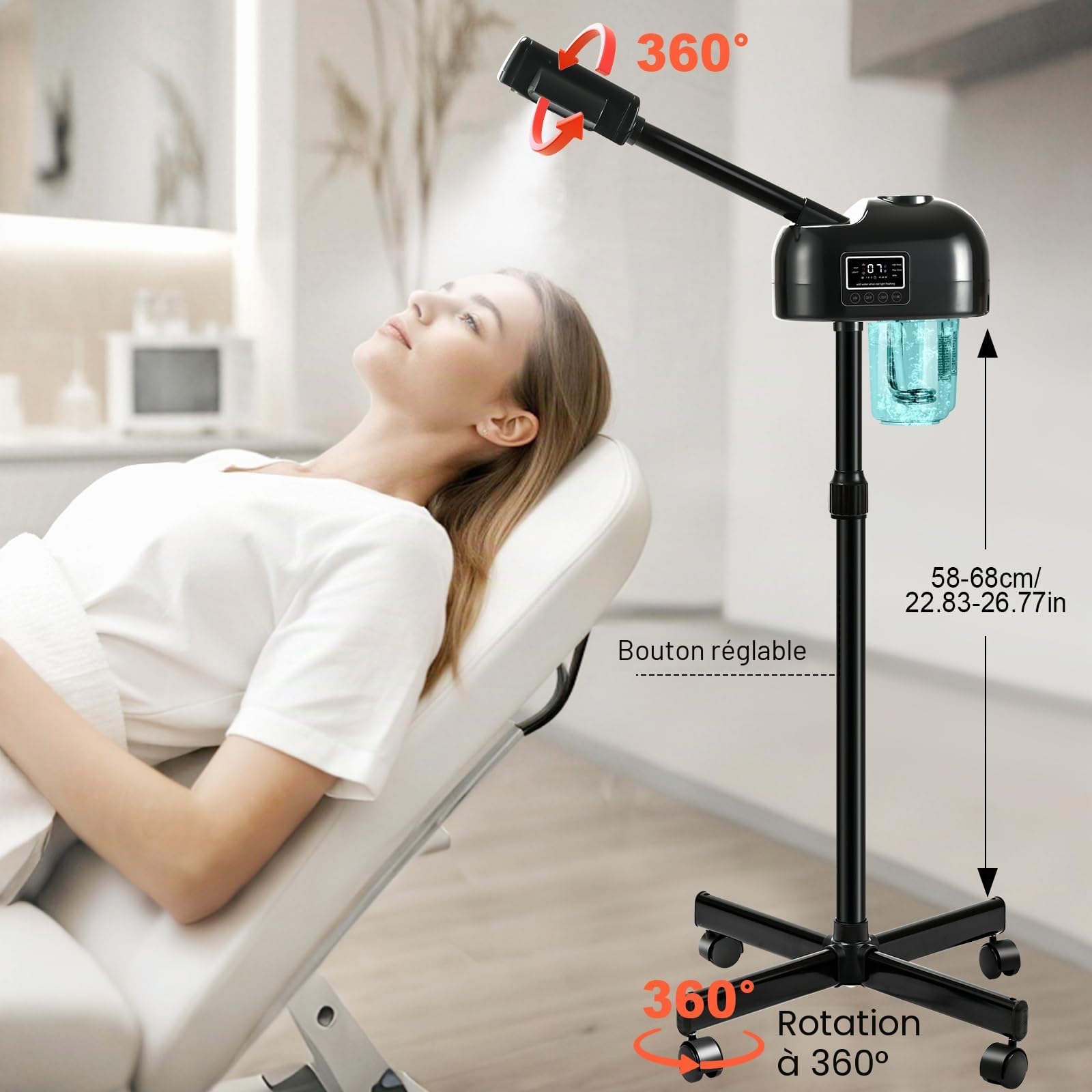 Vapeur facial professionnel avec spray ozone, brume chaude, fonction minuterie, écran tactile LCD, spa à la maison, noir