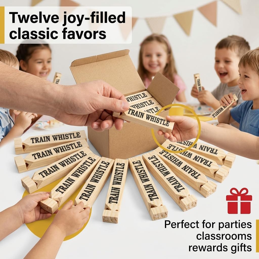 Wooden Train Whistles (Pack of 12) - Wood Train Whistle for Kids, Train Party Favors, Theme Birthday Decorations, Noisemakers, Goodie Bag Filler, Small Game Prizes, Stocking Stuffers | Great for Birthday Parties, Goodie Bags, Classroom Prizes, Carnival Games, Stocking Stuffers & Imaginative Play
