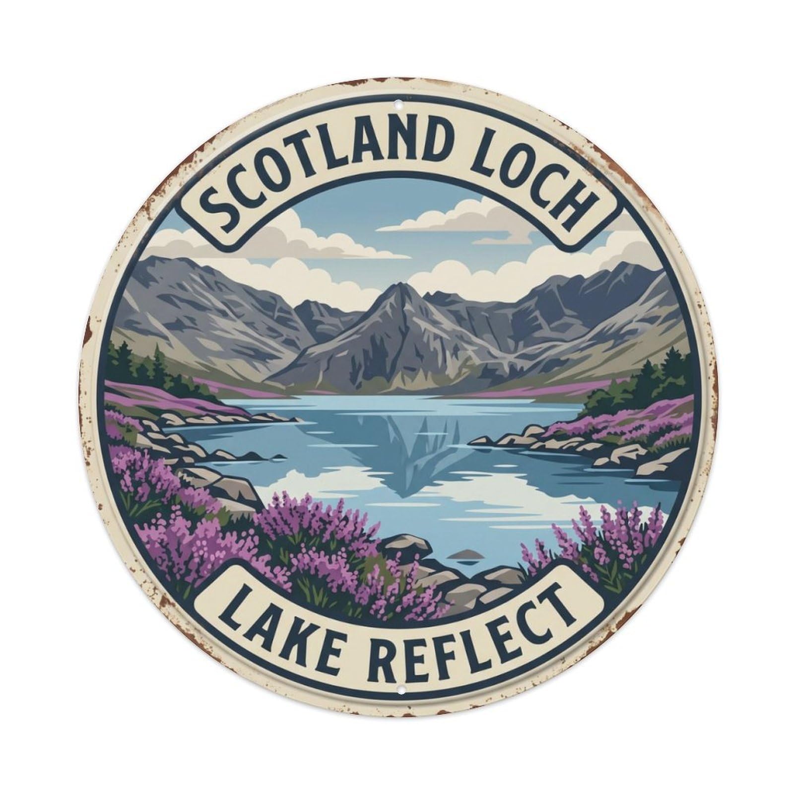 Loch Lake Reflect Scotland Water Metal Tin Sign Plaque Wall Decor for Cafe, Club Bar, Office, Home Garden Round Metal Poster 8x8Inch