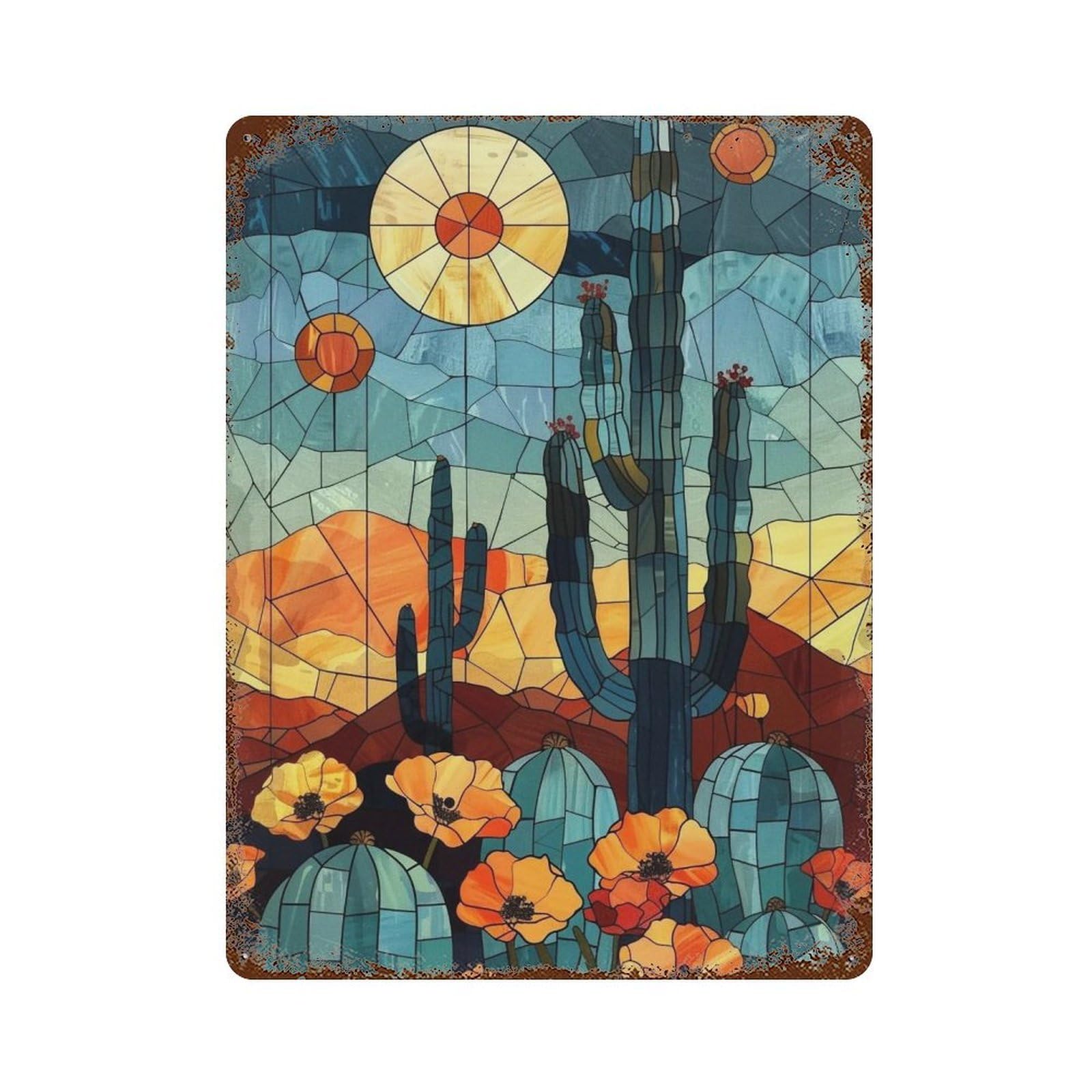 WIHYRTUI Stained Glass Mosaic Teal Desert Cactus Orange Bloom Vista 02 Wall Retro Iron Metal Tin Sign Vintage Art Poster Modern Home Cofffee Club Art Bar Shop Decor Style 40x30cm