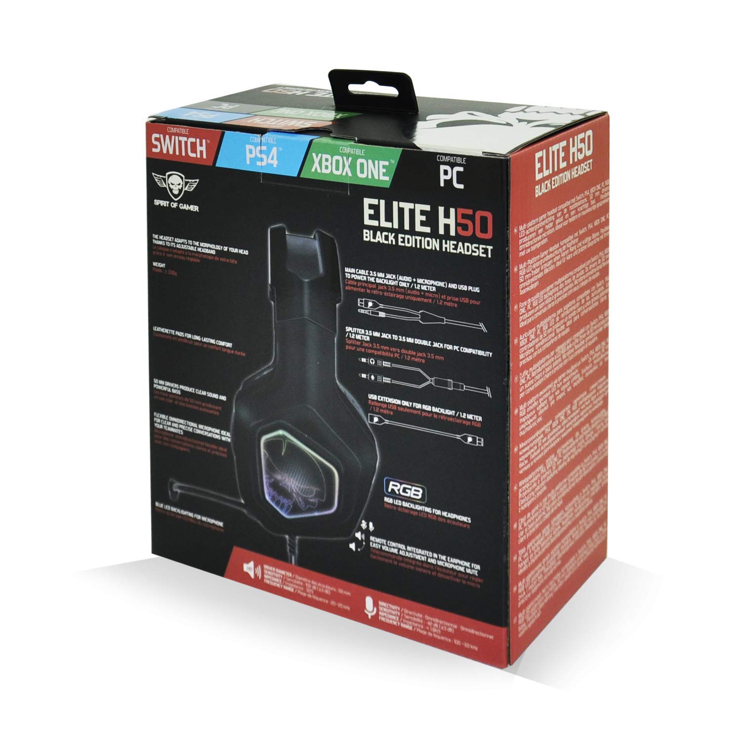 SPIRIT OF GAMER - Elite-H50 – Casque Audio Gamer Full Black - Microphone Flexible – Coussinets Similicuir - LED RGB –Jack 3.5mm Multiplateforme PS5 / XBOX X/PC / PS4 / XBOX ONE/Switch