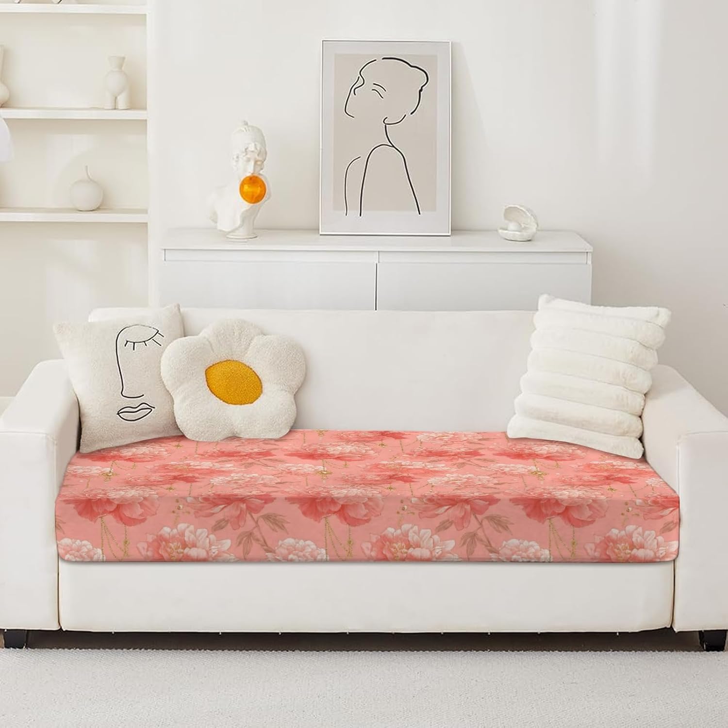 Art Peony Flowers Loveseat Covers Couch Covers for 2 Cushion Couch, 2-Piece Stretch Sofa Slipcovers Anti-Slip Washable Furniture Protectors for Dogs Pets