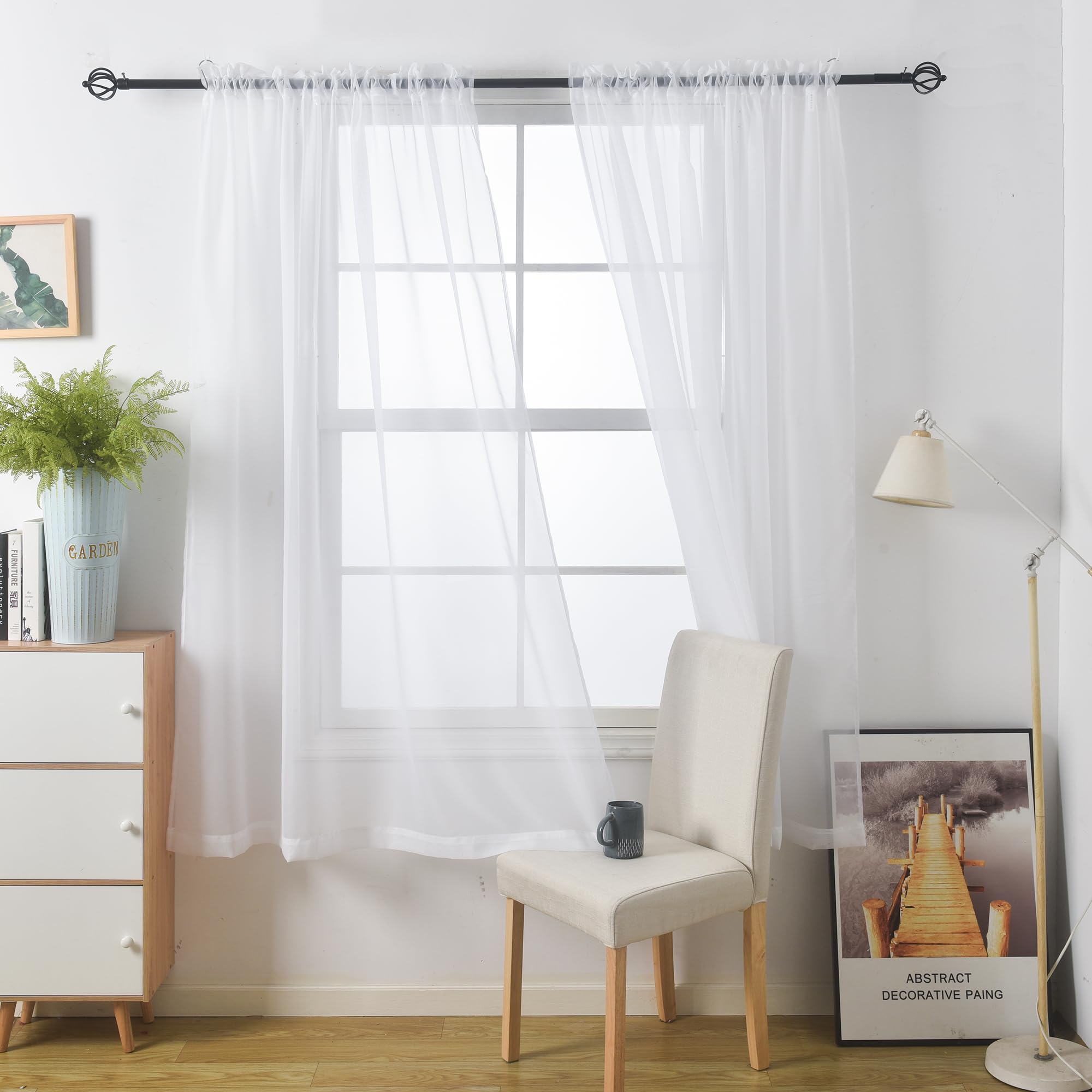 Aquazolax White Curtains Nets for Windows, Pair of Rod Pocket Voile Door Panels with Tie Backs for Bedroom/Living Room - Image 2