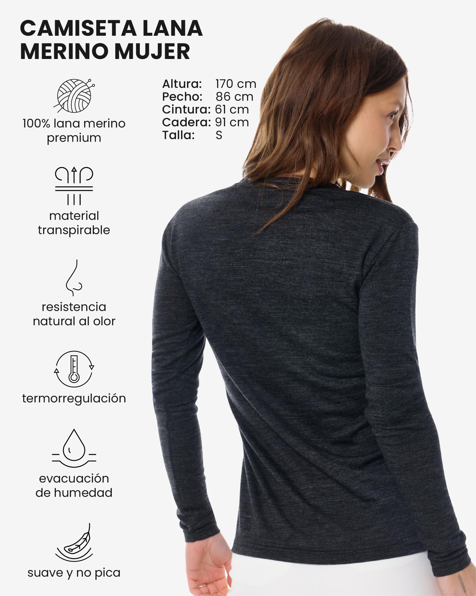 Merino.tech Сamisetas Mujer Manga Larga - 100% Lana Merino Ropa Termica (Small, 190 Melange Black V)