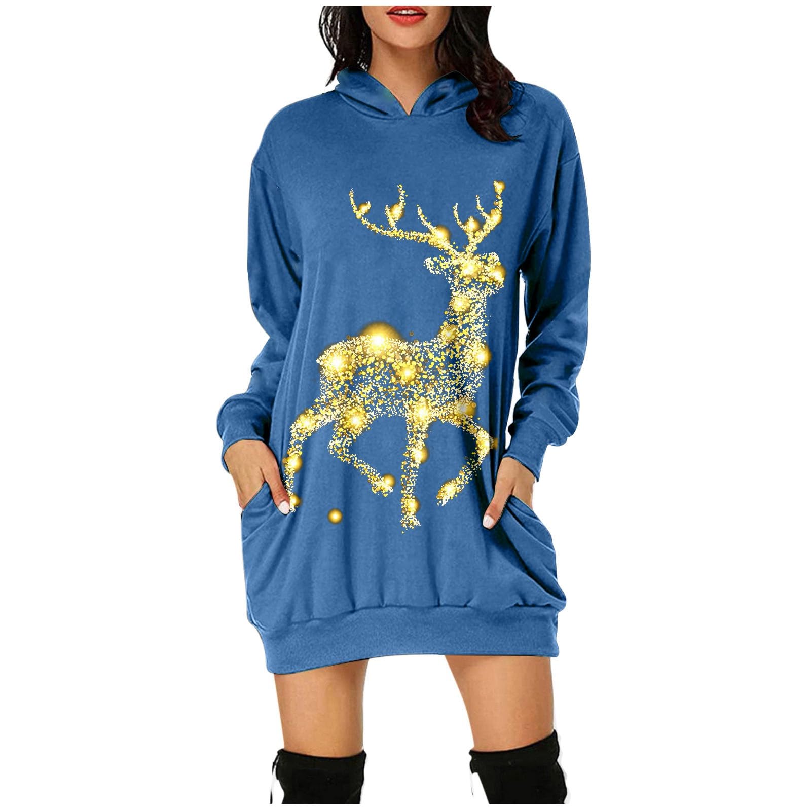 Kerstjurk voor dames, sexy minijurk, grappige Rudolph rendier print, hoodie, jurk, herfst en winter, ronde hals, lange mouwen, truijurken met zak, elegant, wikkeljurk, feestjurk, feestelijk cadeau