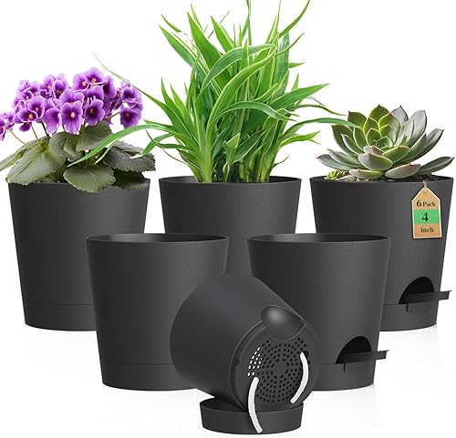 Macetas de riego automático de 4 pulgadas para plantas de interior y exterior, paquete de 6 macetas de plástico con agujeros de drenaje y platillos