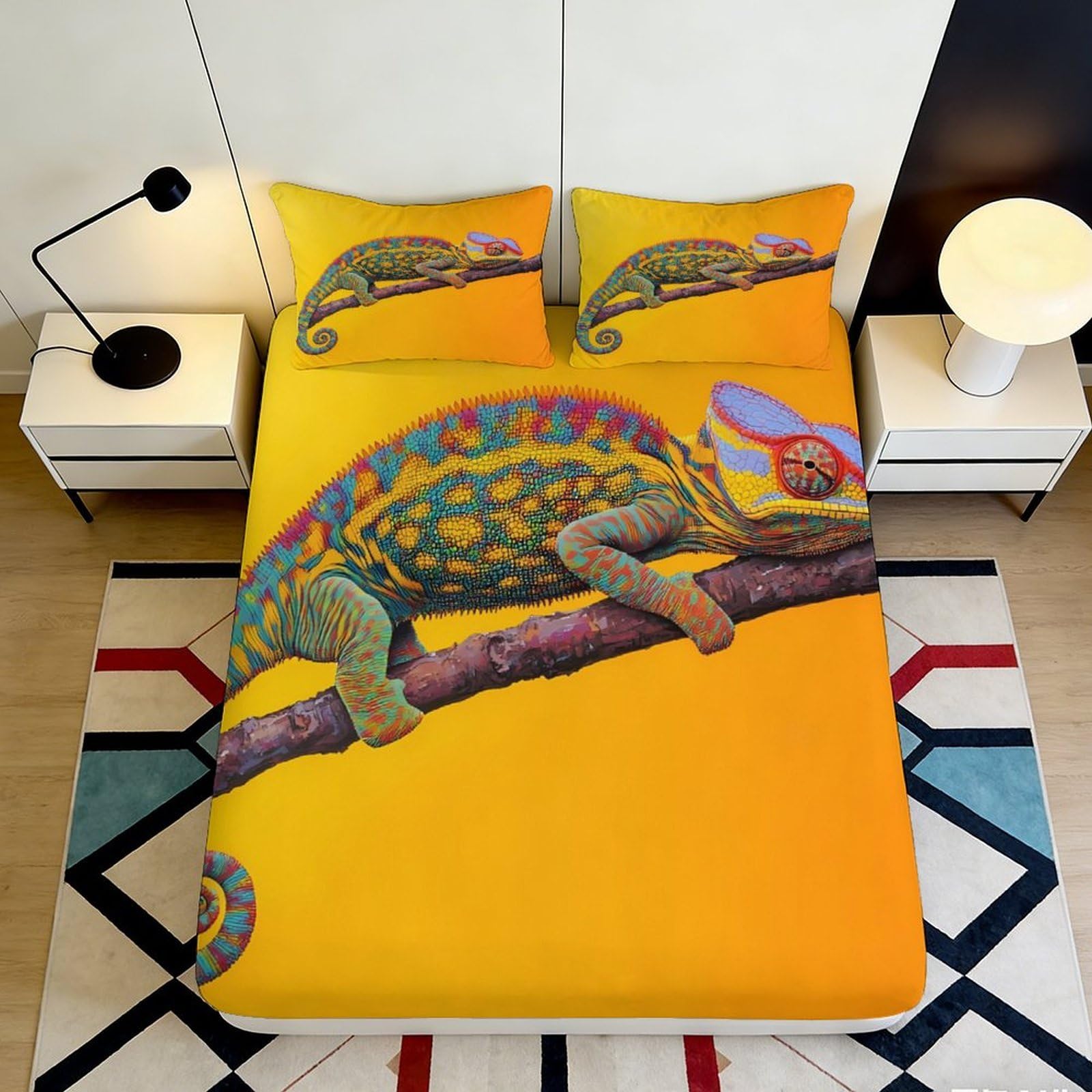 Decorative Chameleon Fitted Sheet 3D Printed Microfiber Soft Touch Yellow Bed Cover for Home Bedroom Guest Room Bedding 180x200x25cm